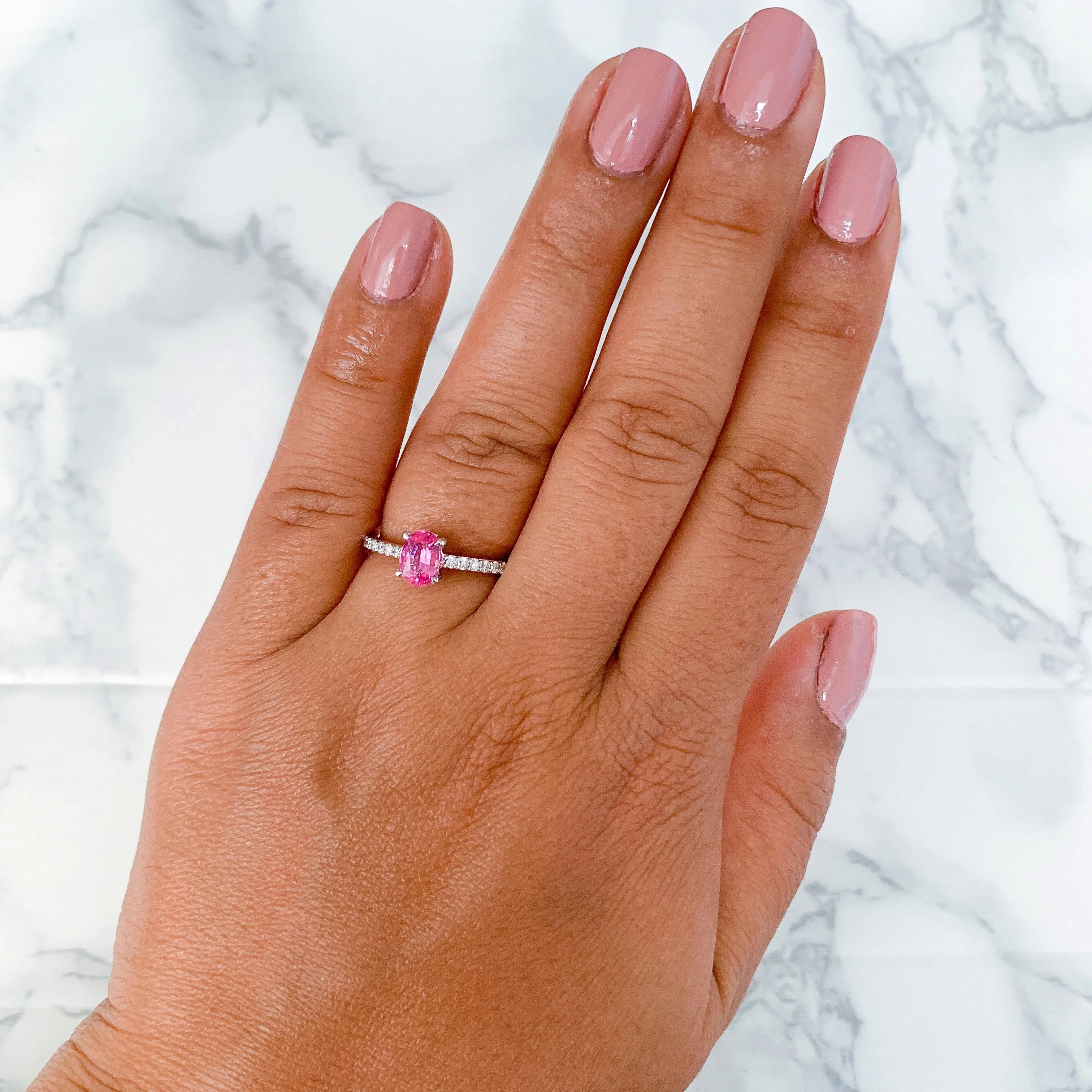 0.86ct Oval GIA Certified Pink Sapphire Ring with Diamond Accents in 18K White Gold