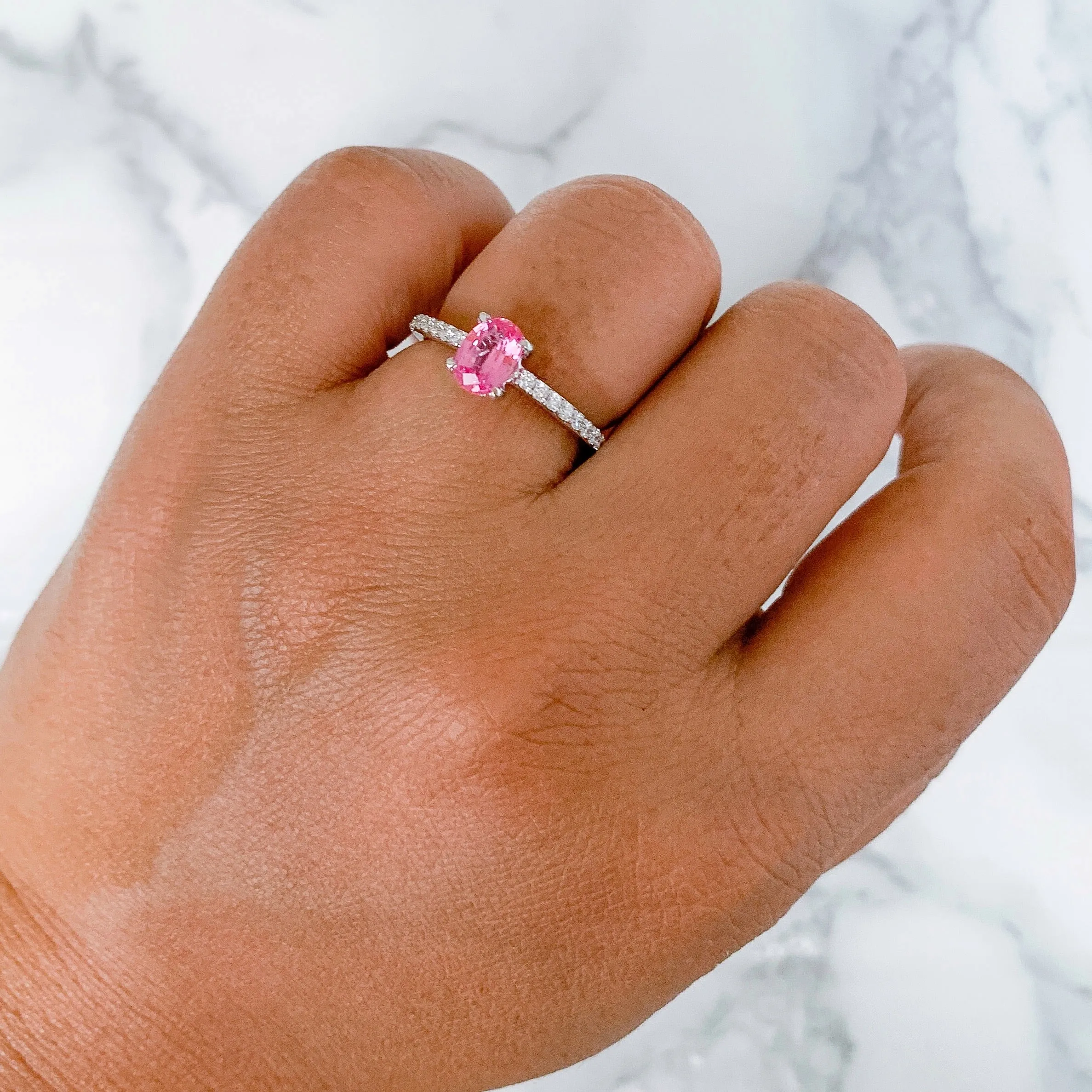 0.86ct Oval GIA Certified Pink Sapphire Ring with Diamond Accents in 18K White Gold