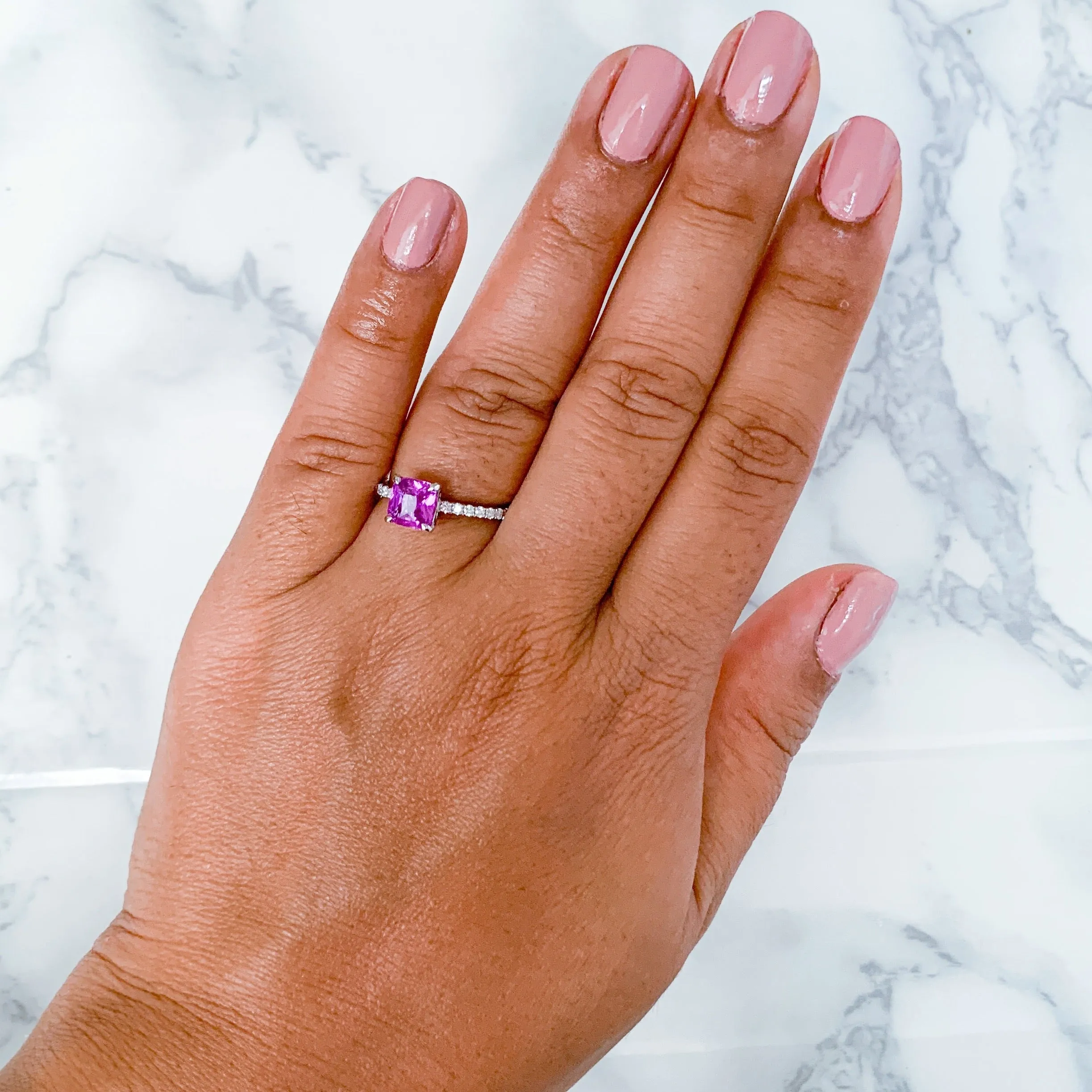 1.56ct Cushion Pink Sapphire Ring with Diamond Accents in 18K White Gold