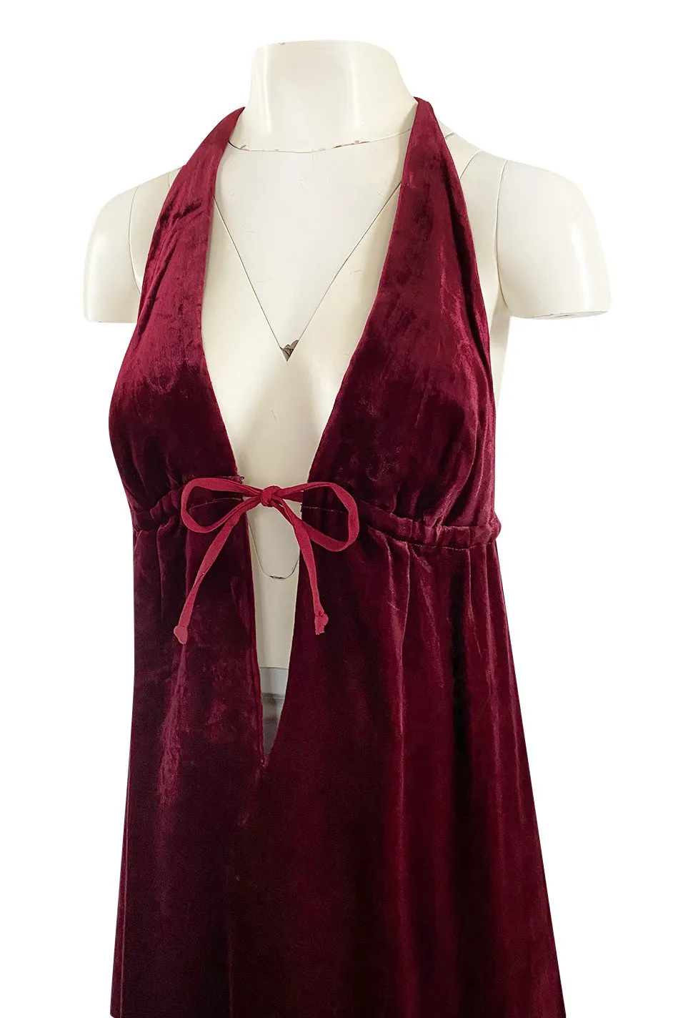 1970s Deep Front Plunge & Racer Back Halter Dress in a Jewel Toned Burgundy Silk Velvet
