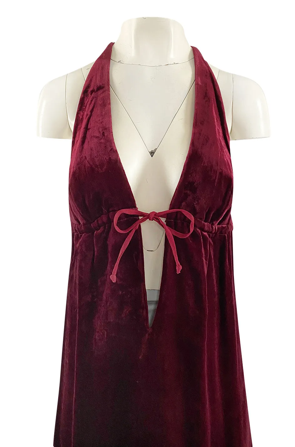 1970s Deep Front Plunge & Racer Back Halter Dress in a Jewel Toned Burgundy Silk Velvet
