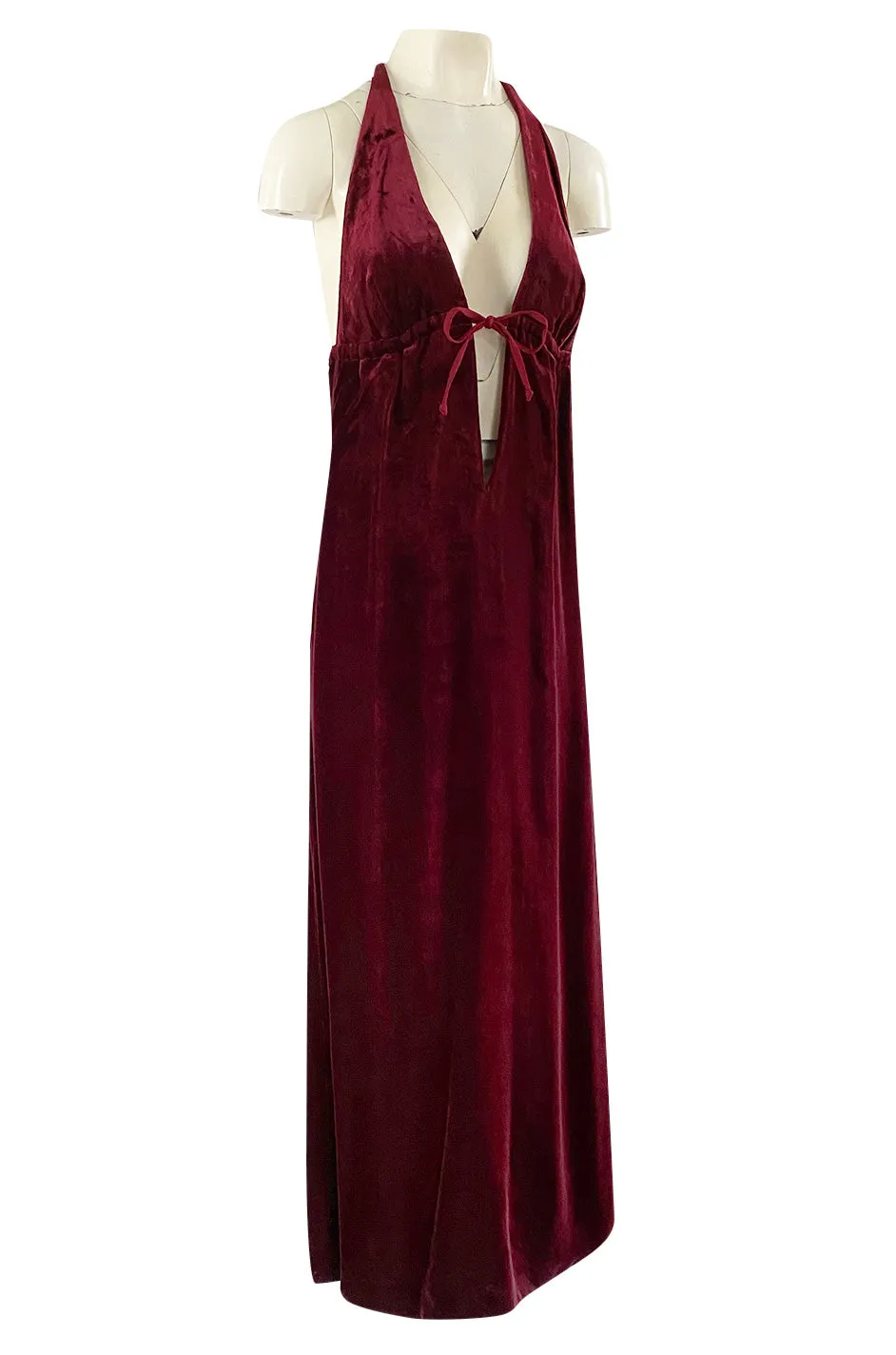 1970s Deep Front Plunge & Racer Back Halter Dress in a Jewel Toned Burgundy Silk Velvet
