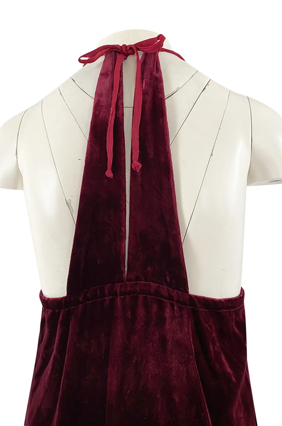 1970s Deep Front Plunge & Racer Back Halter Dress in a Jewel Toned Burgundy Silk Velvet