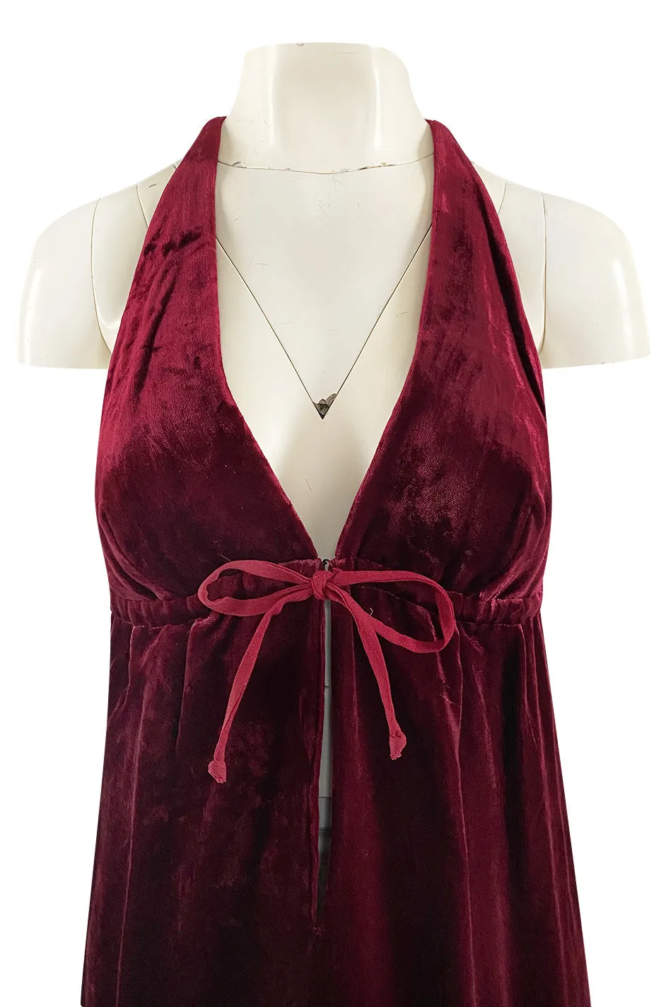1970s Deep Front Plunge & Racer Back Halter Dress in a Jewel Toned Burgundy Silk Velvet