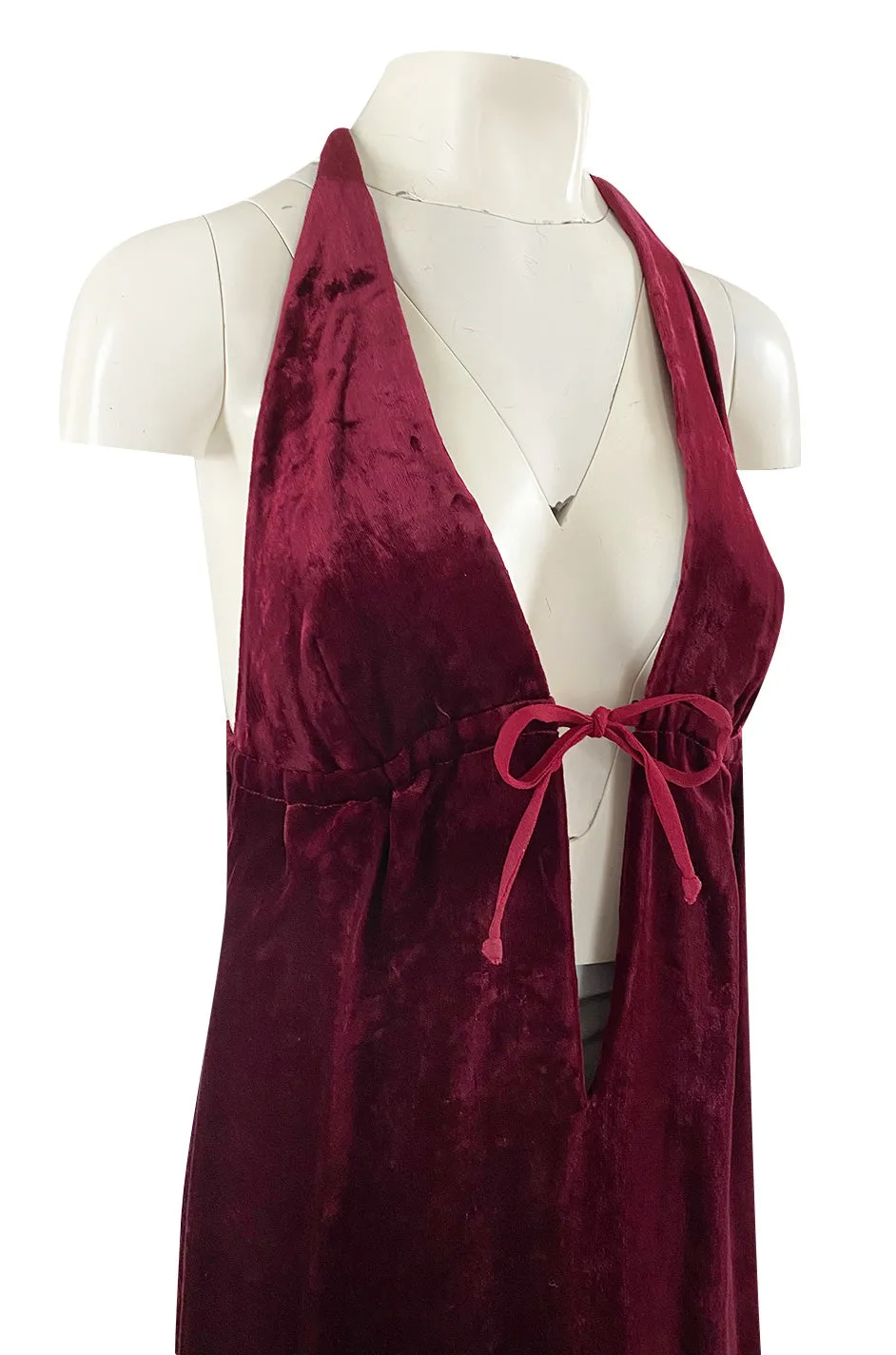 1970s Deep Front Plunge & Racer Back Halter Dress in a Jewel Toned Burgundy Silk Velvet