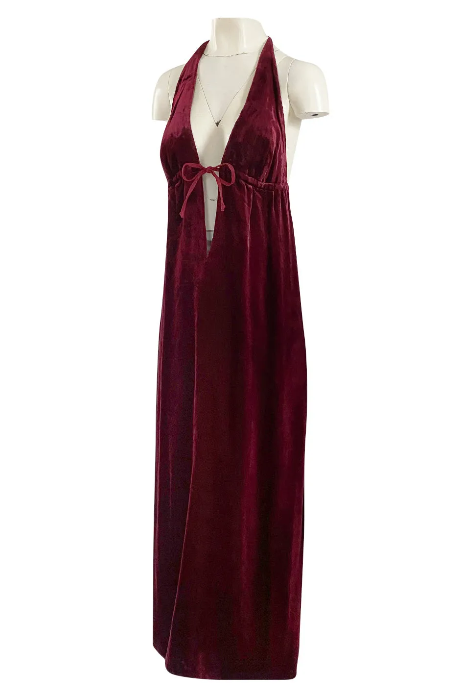 1970s Deep Front Plunge & Racer Back Halter Dress in a Jewel Toned Burgundy Silk Velvet