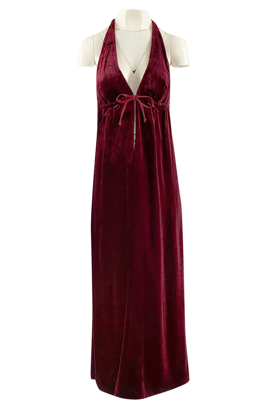 1970s Deep Front Plunge & Racer Back Halter Dress in a Jewel Toned Burgundy Silk Velvet