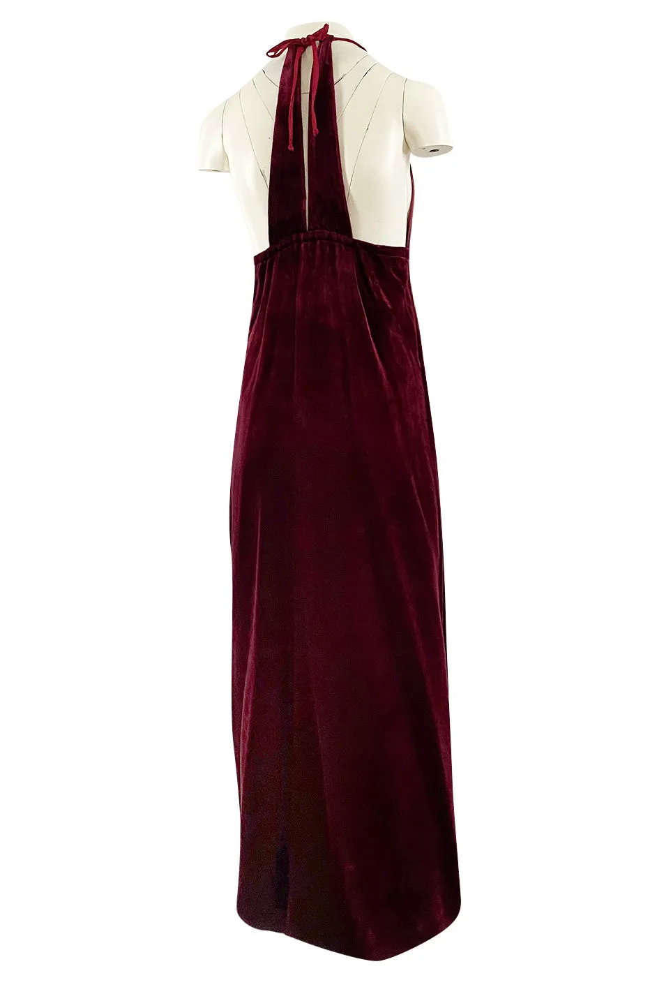 1970s Deep Front Plunge & Racer Back Halter Dress in a Jewel Toned Burgundy Silk Velvet