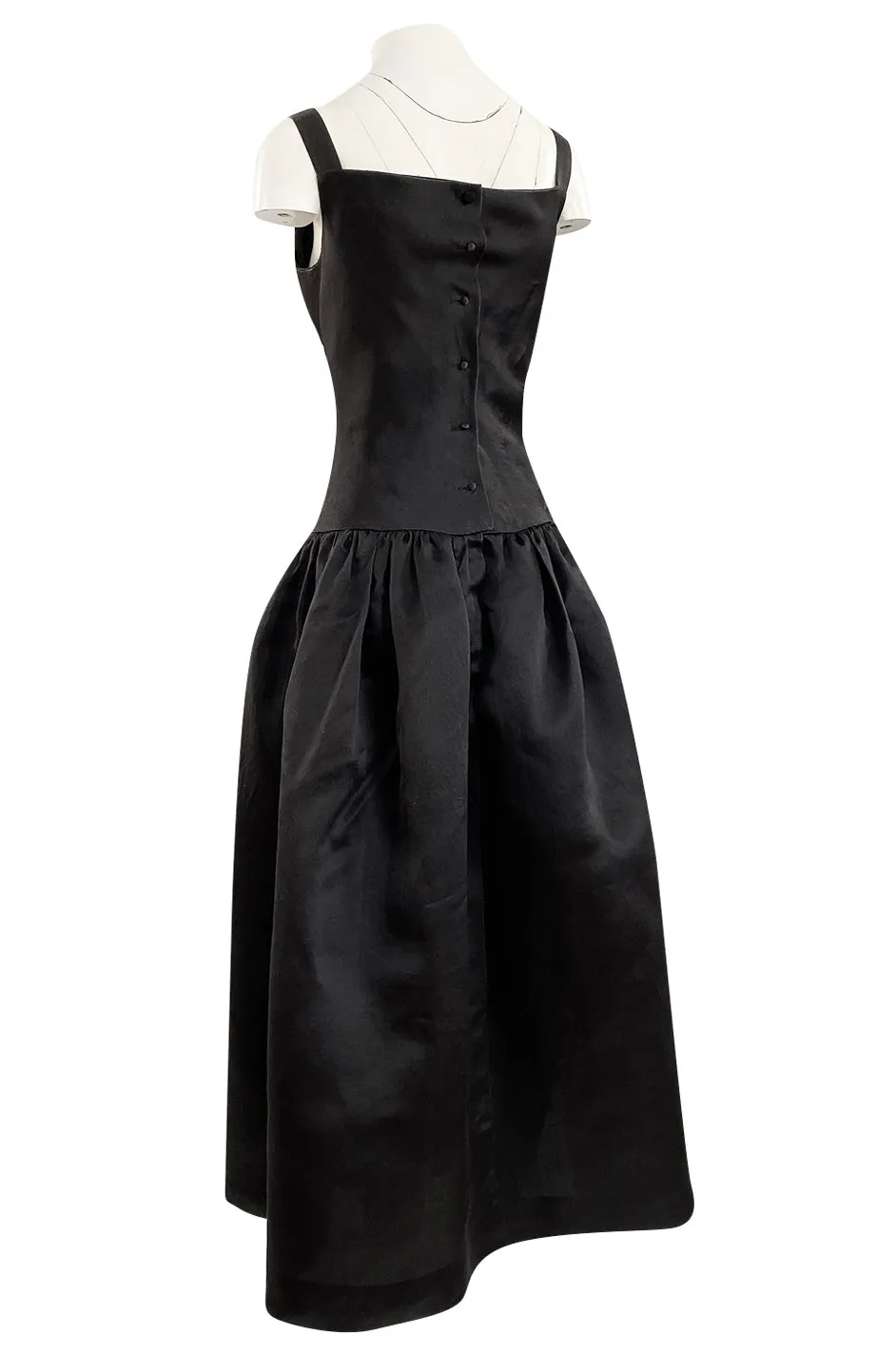 1980s Oscar De La Renta Black Silk Taffeta Dropped Waist Full Skirt Dress w Button Back
