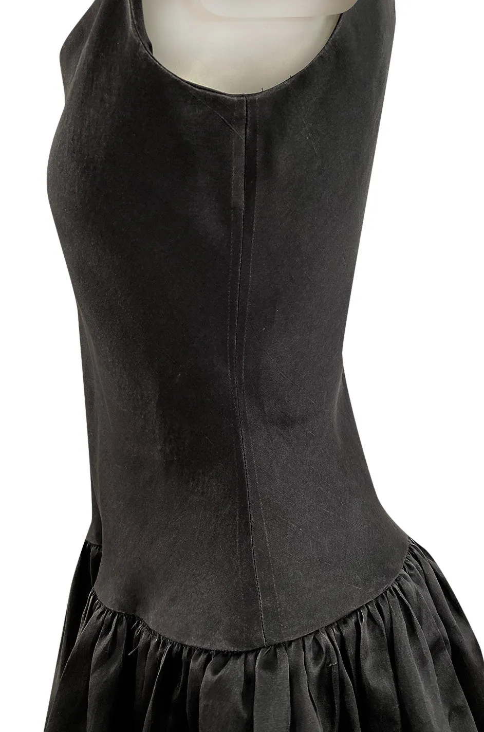 1980s Oscar De La Renta Black Silk Taffeta Dropped Waist Full Skirt Dress w Button Back