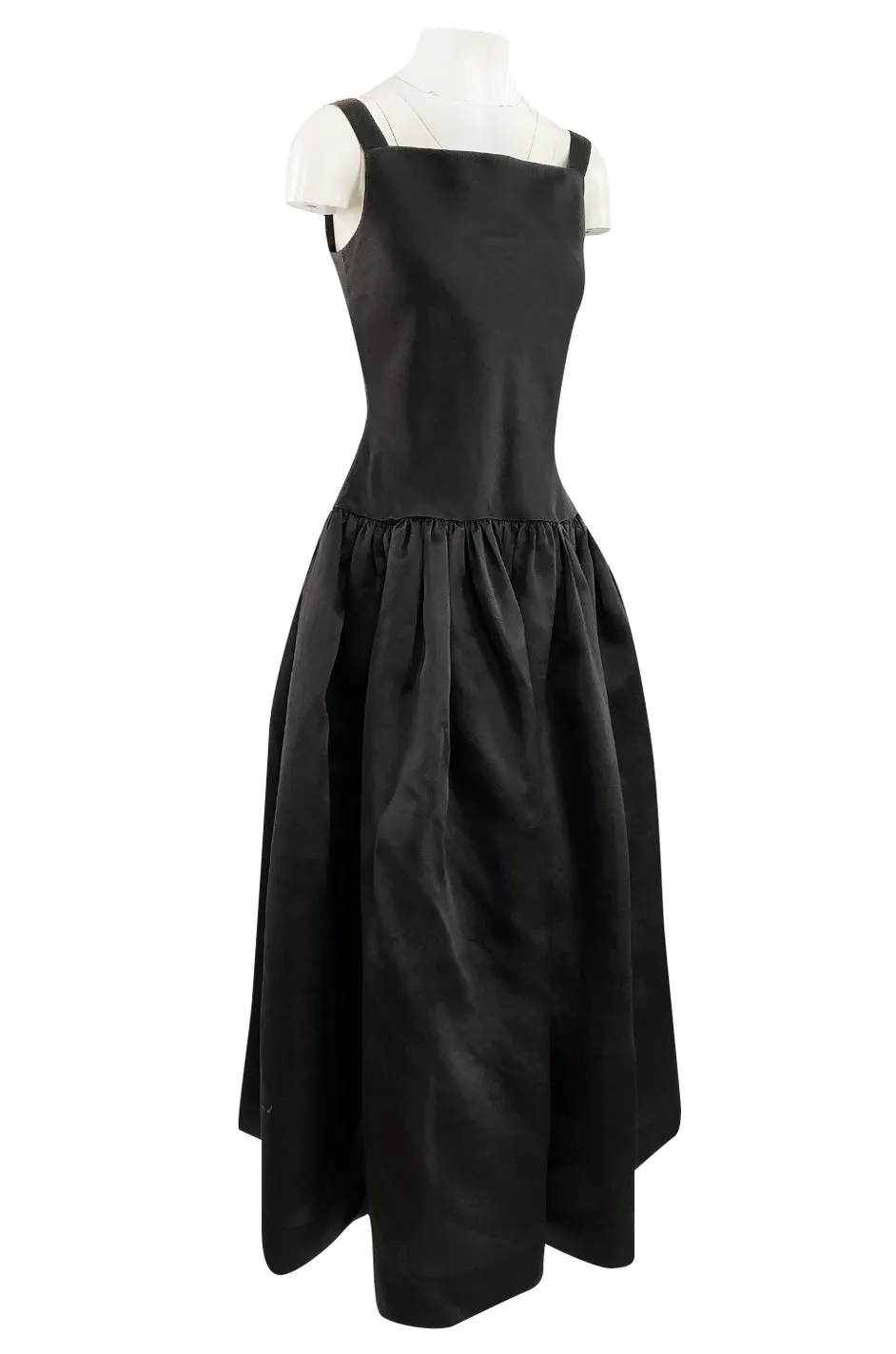 1980s Oscar De La Renta Black Silk Taffeta Dropped Waist Full Skirt Dress w Button Back