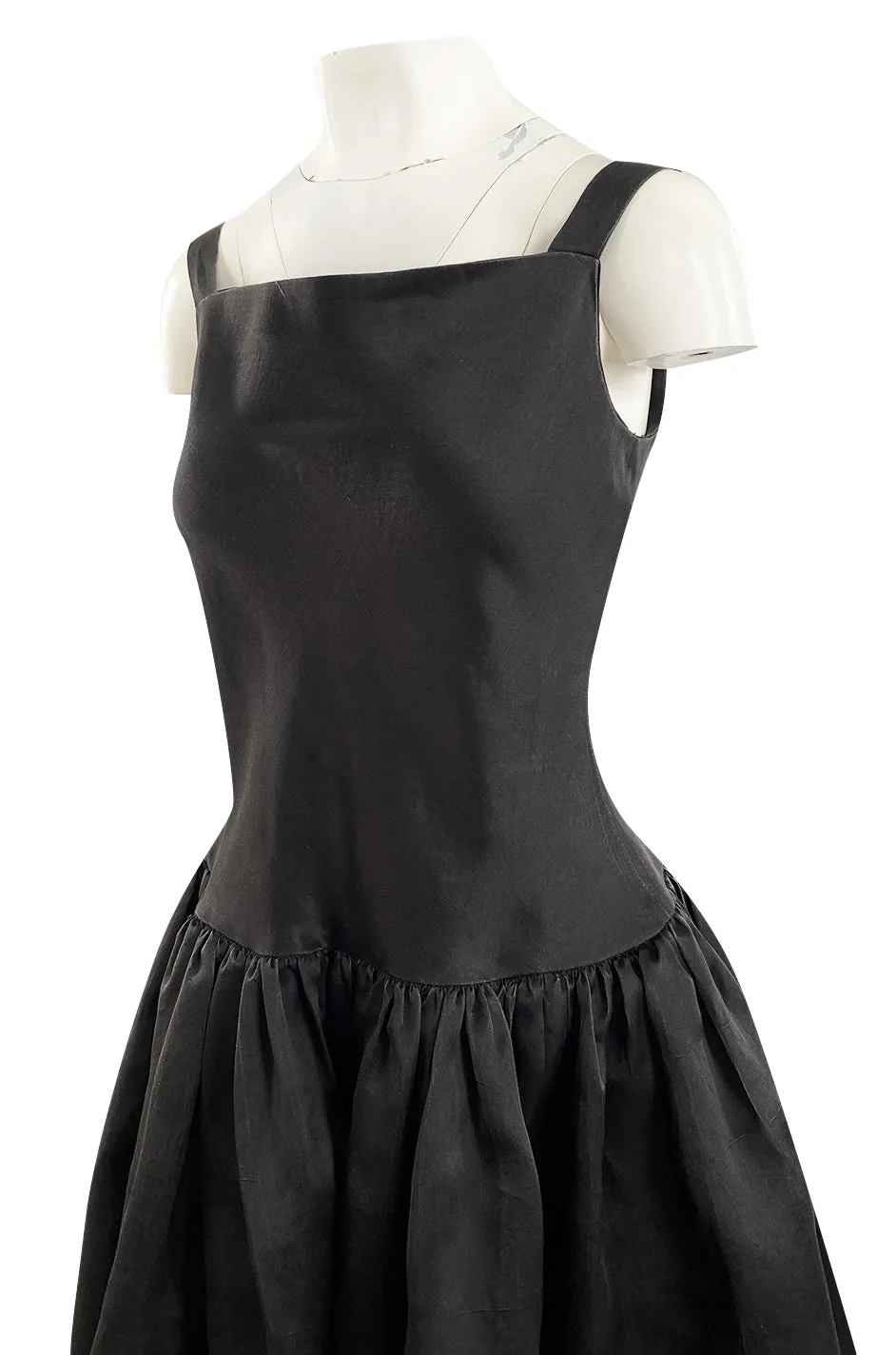 1980s Oscar De La Renta Black Silk Taffeta Dropped Waist Full Skirt Dress w Button Back