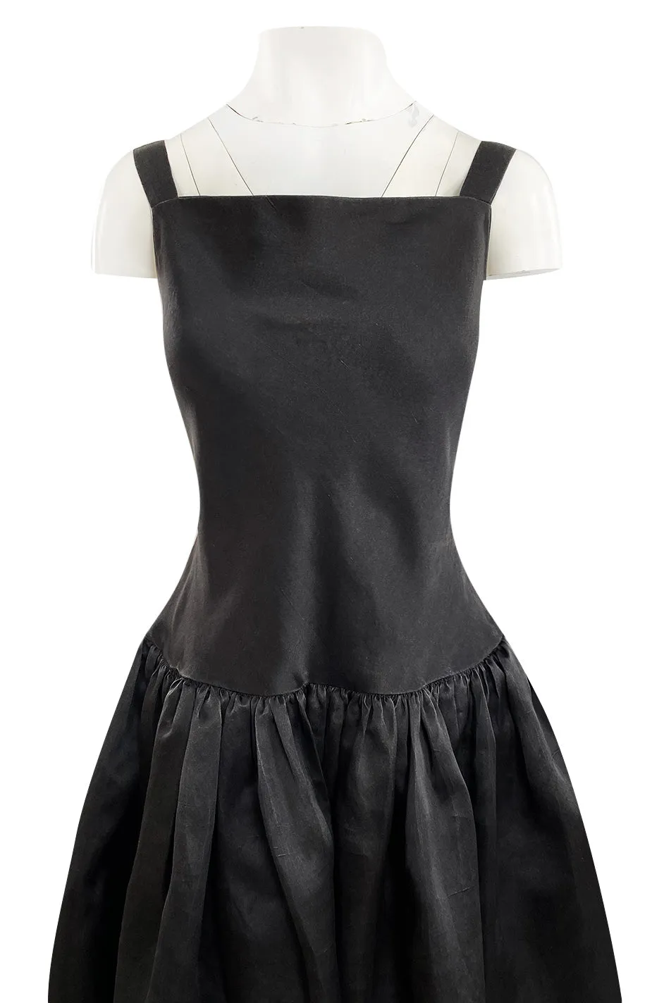 1980s Oscar De La Renta Black Silk Taffeta Dropped Waist Full Skirt Dress w Button Back