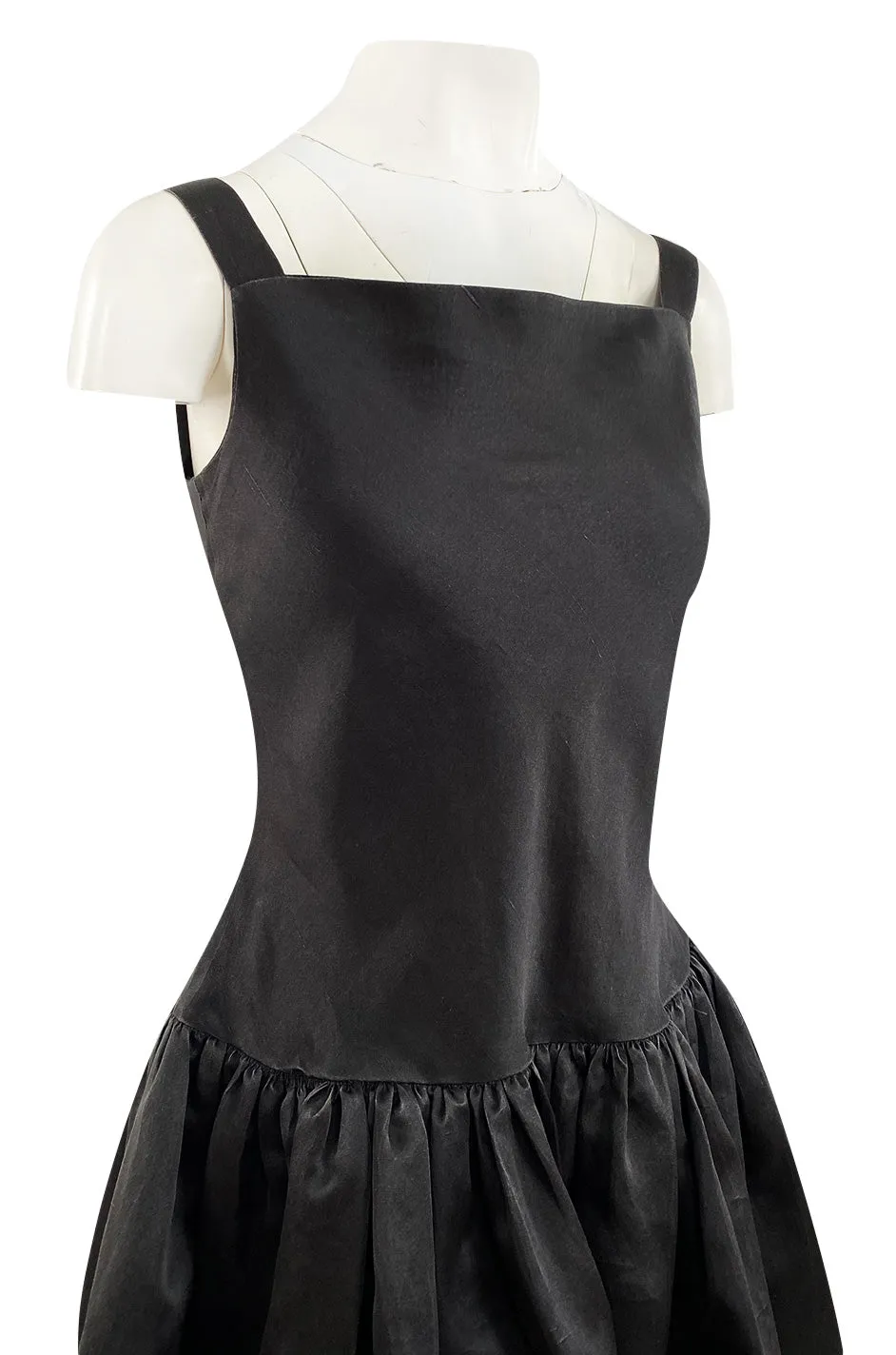 1980s Oscar De La Renta Black Silk Taffeta Dropped Waist Full Skirt Dress w Button Back