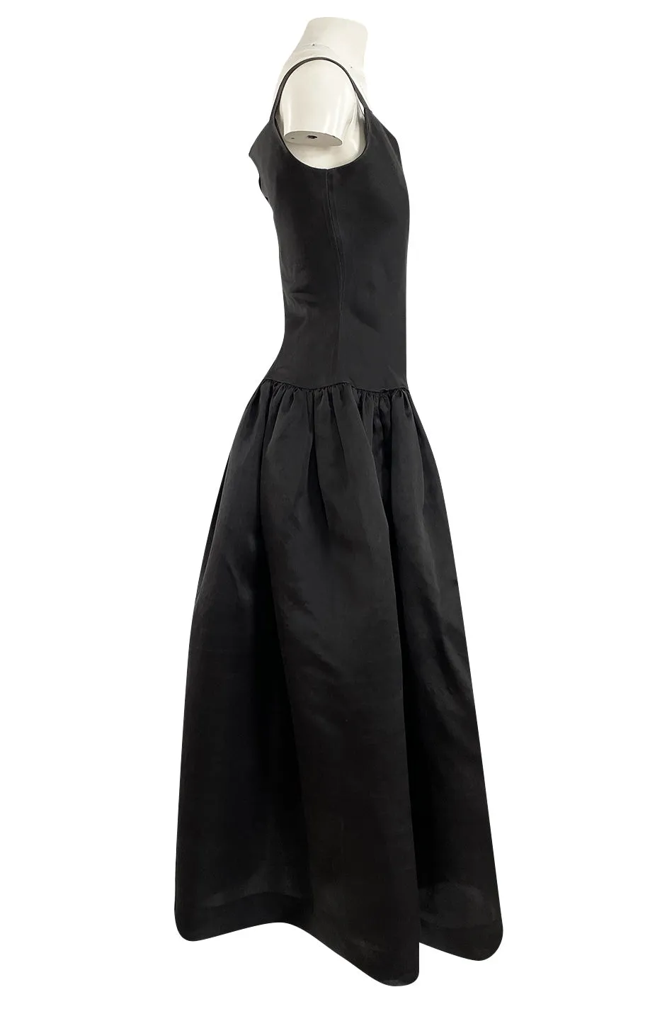 1980s Oscar De La Renta Black Silk Taffeta Dropped Waist Full Skirt Dress w Button Back