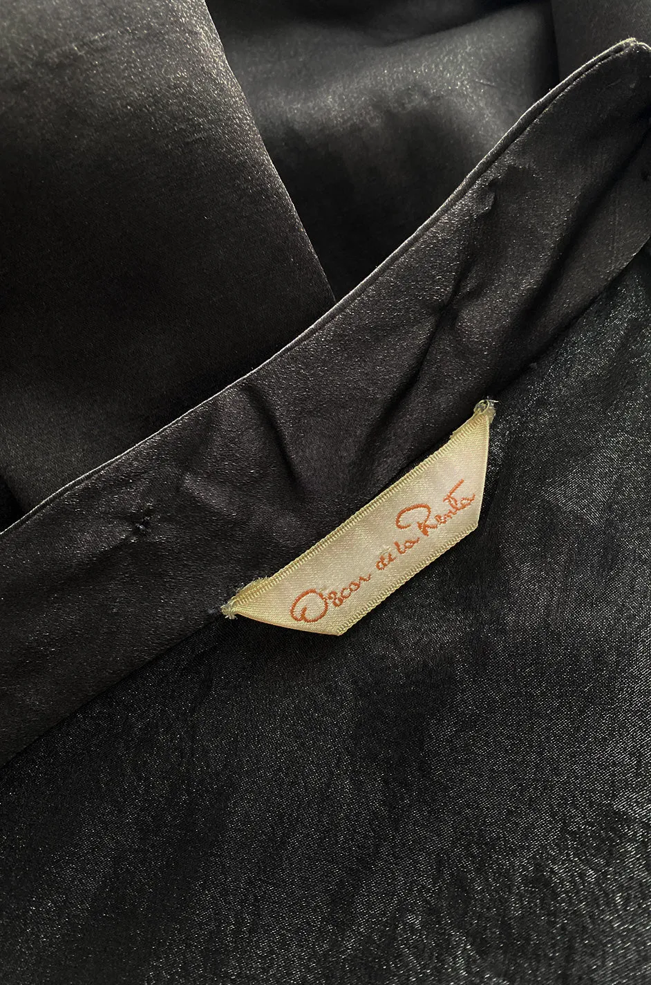 1980s Oscar De La Renta Black Silk Taffeta Dropped Waist Full Skirt Dress w Button Back