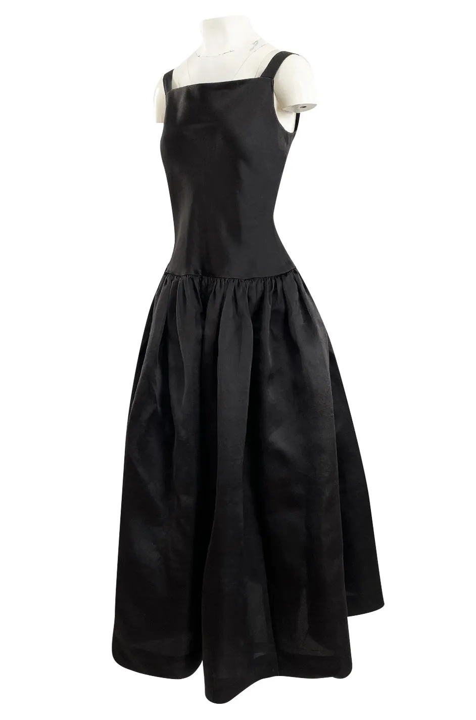 1980s Oscar De La Renta Black Silk Taffeta Dropped Waist Full Skirt Dress w Button Back