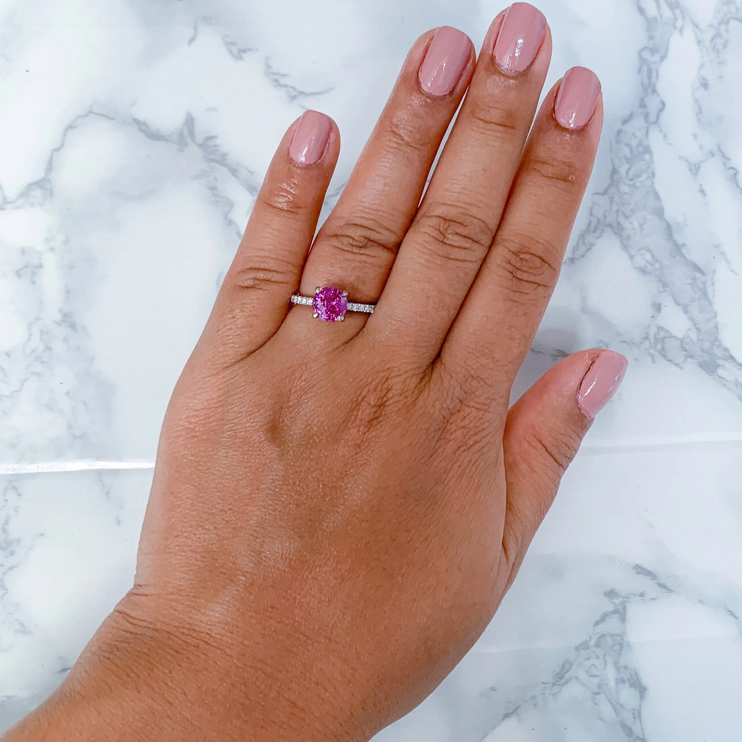 2.39ct Round EGL Certified Pink Sapphire Ring with Diamond Accents in 18K White Gold