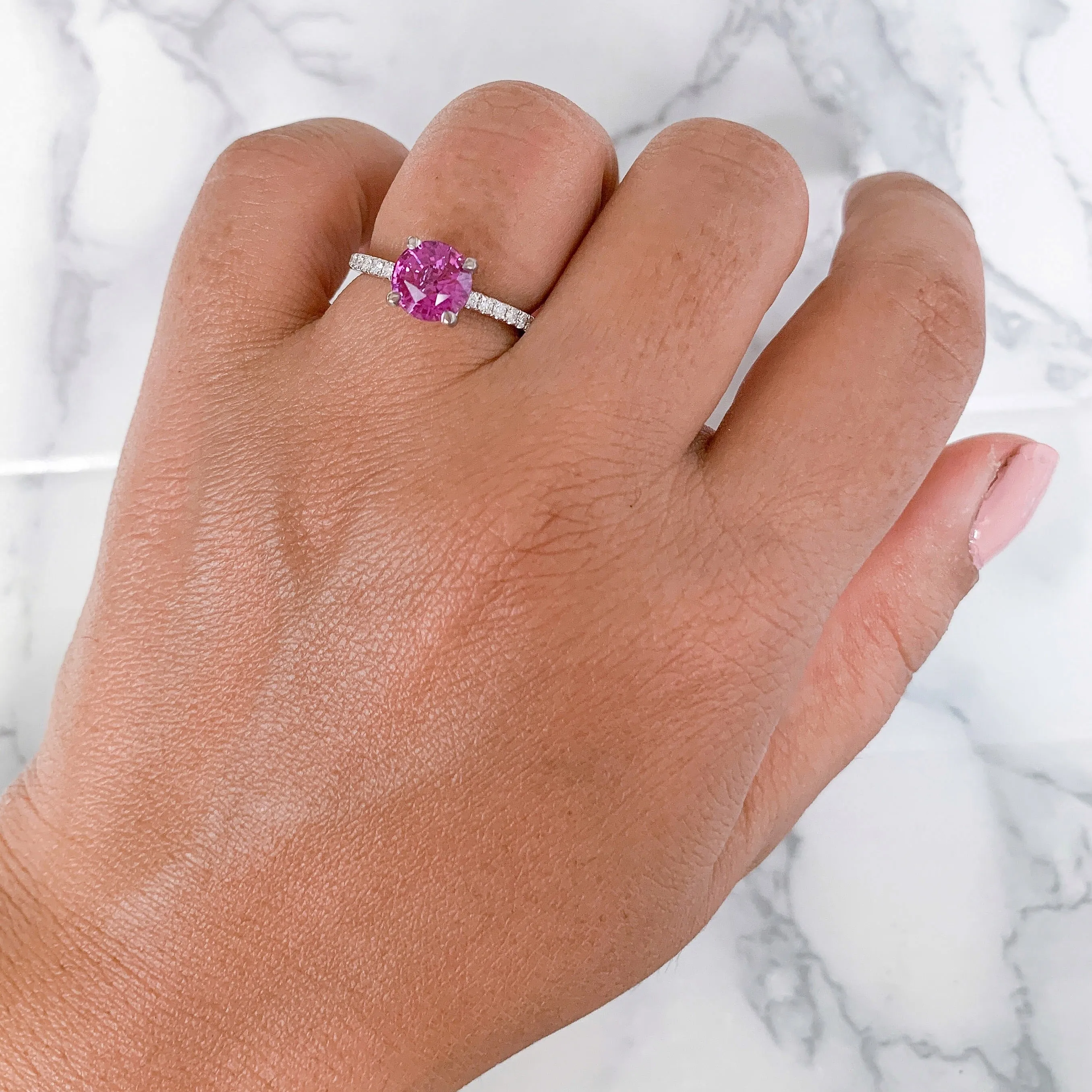 2.39ct Round EGL Certified Pink Sapphire Ring with Diamond Accents in 18K White Gold