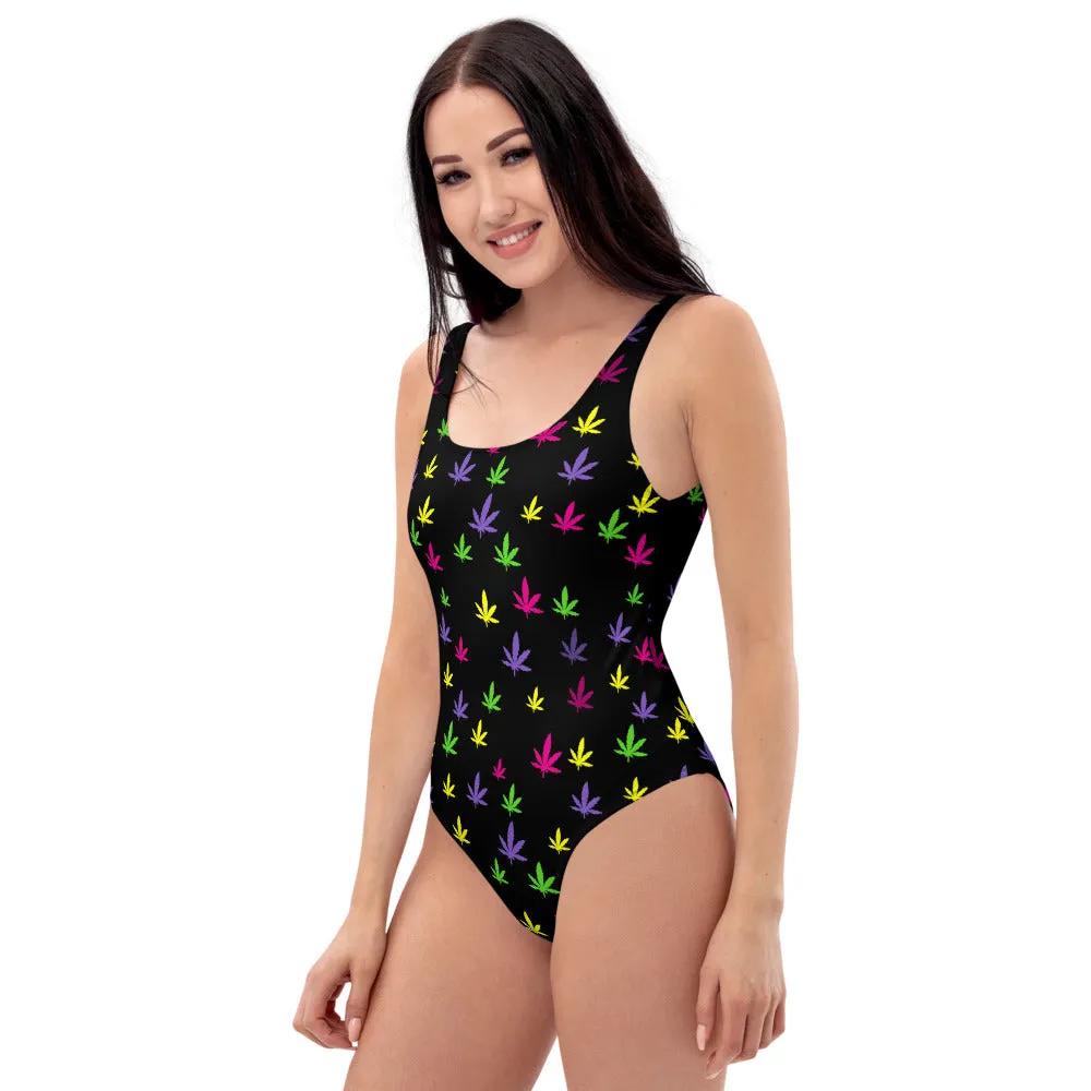 420 Rainbow Leaf One-Piece Swimsuit - Black