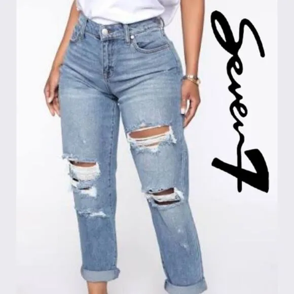 7Seven Stretch Distressed Bleach Wash Ankle Jeans