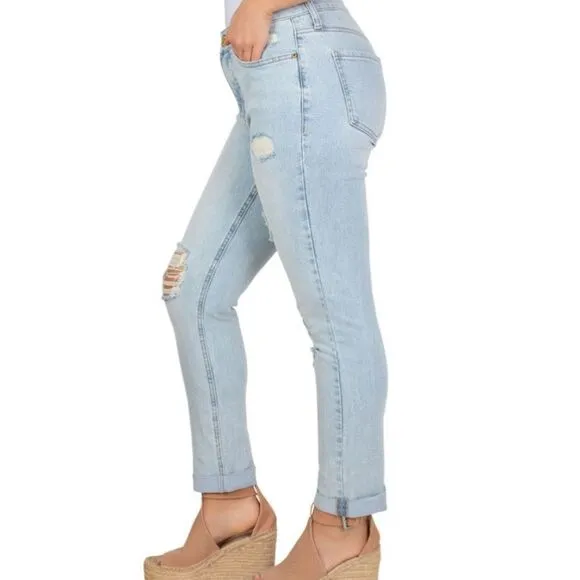 7Seven Stretch Distressed Bleach Wash Ankle Jeans