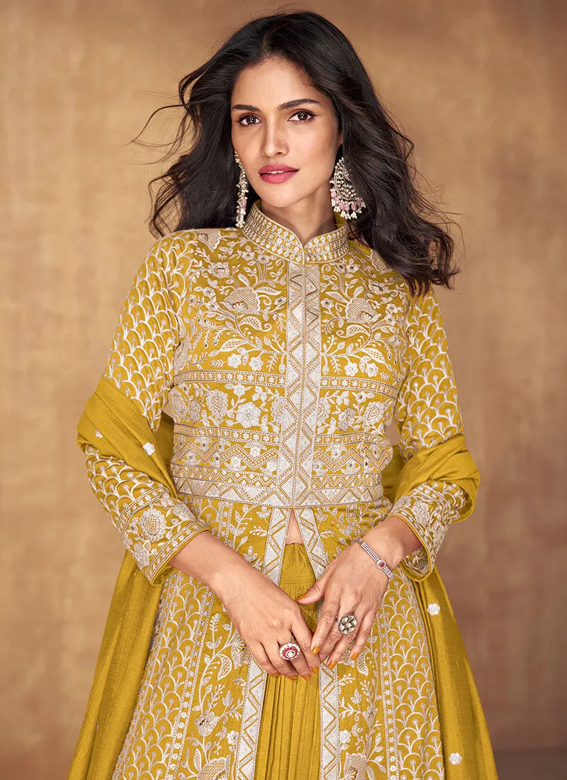 Amber Yellow Thread Embroidery Slit Style Anarkali Lehenga Suit