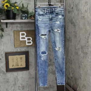 American Eagle Womens Distressed Hi-Rise Denim Jegging Blue See Measurements