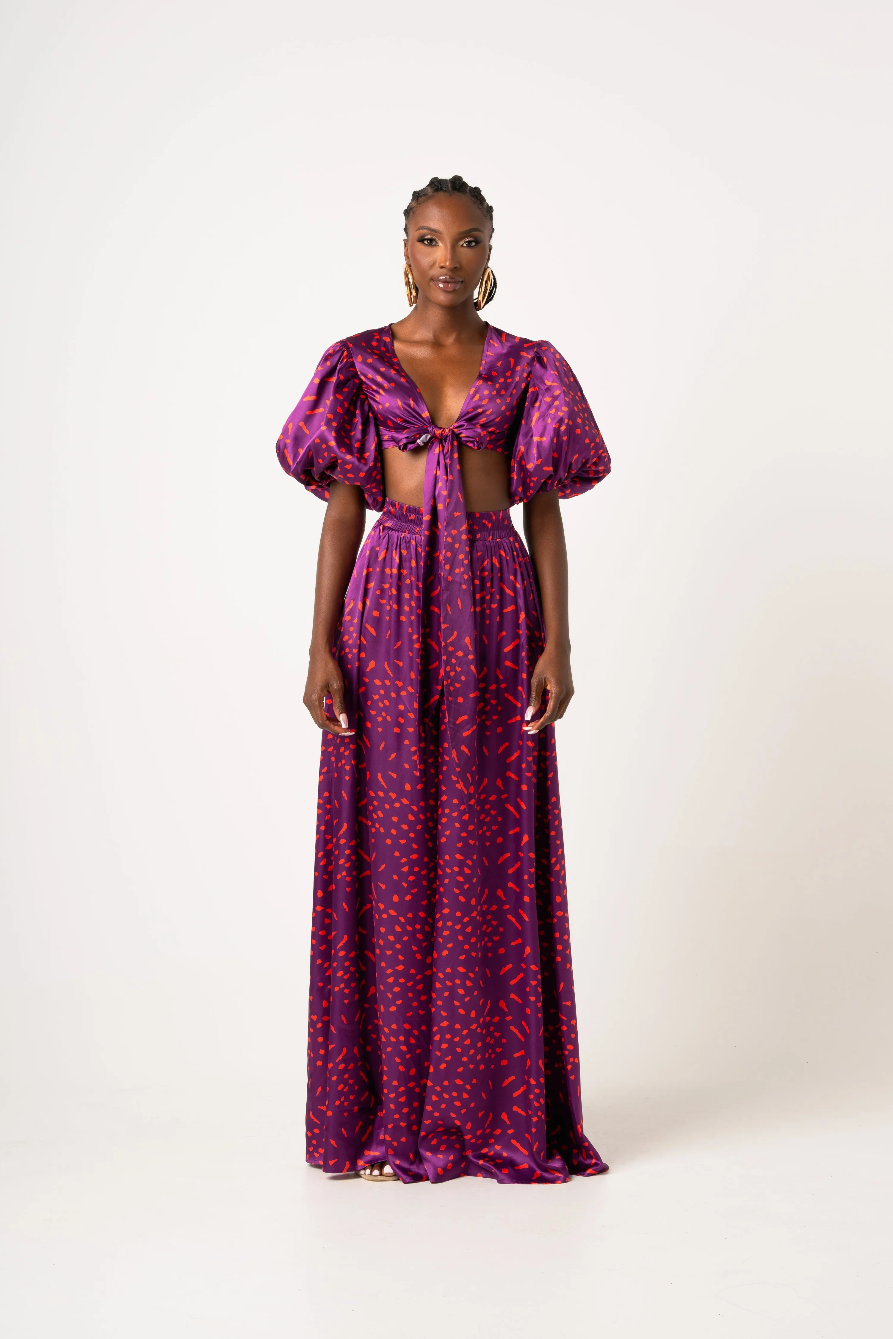 AMINAH PUFFY SLEEVE FRONT TIE CROP TOP