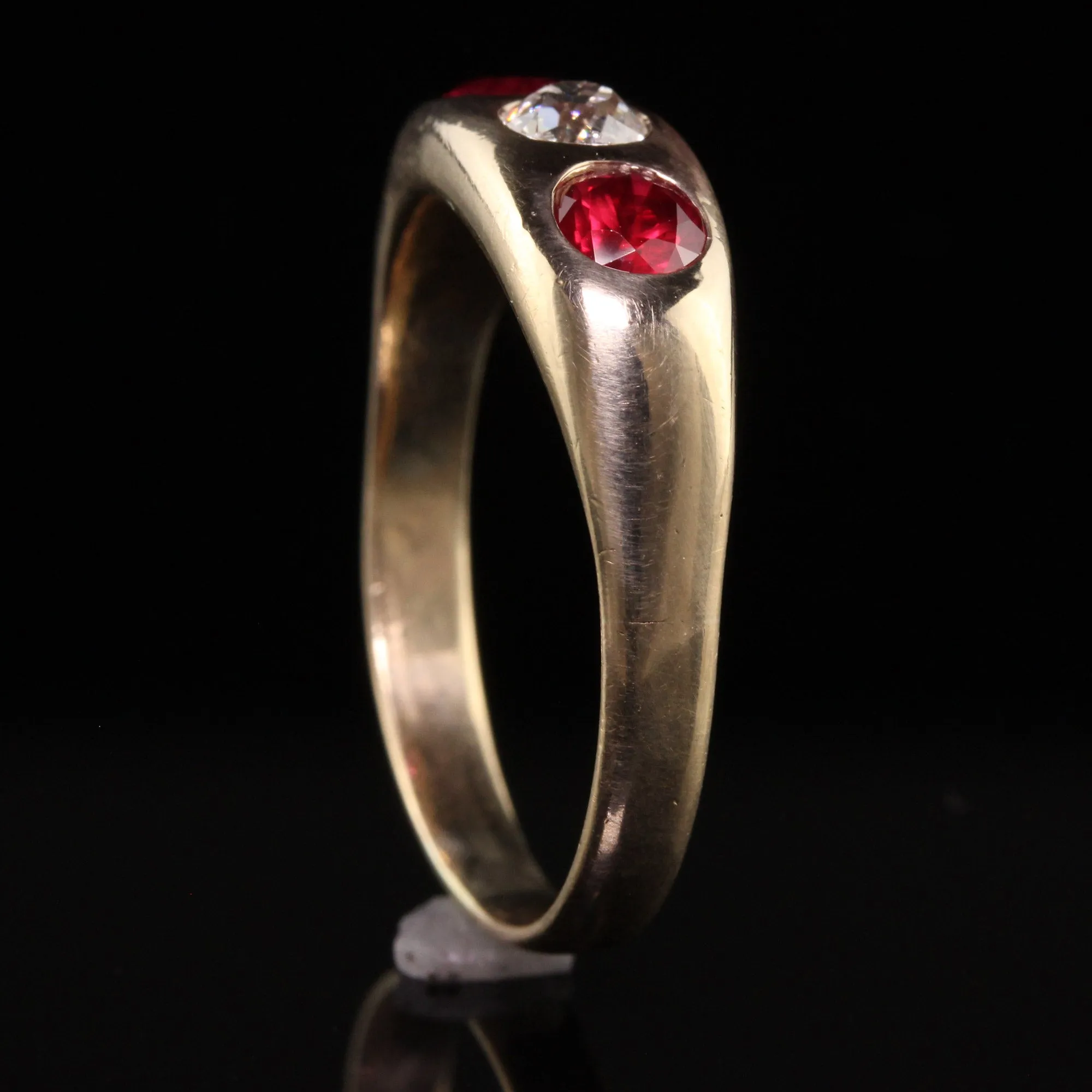 Antique Victorian 14K Yellow Gold Natural Ruby and Old Mine Diamond Three Stone Gypsy Ring