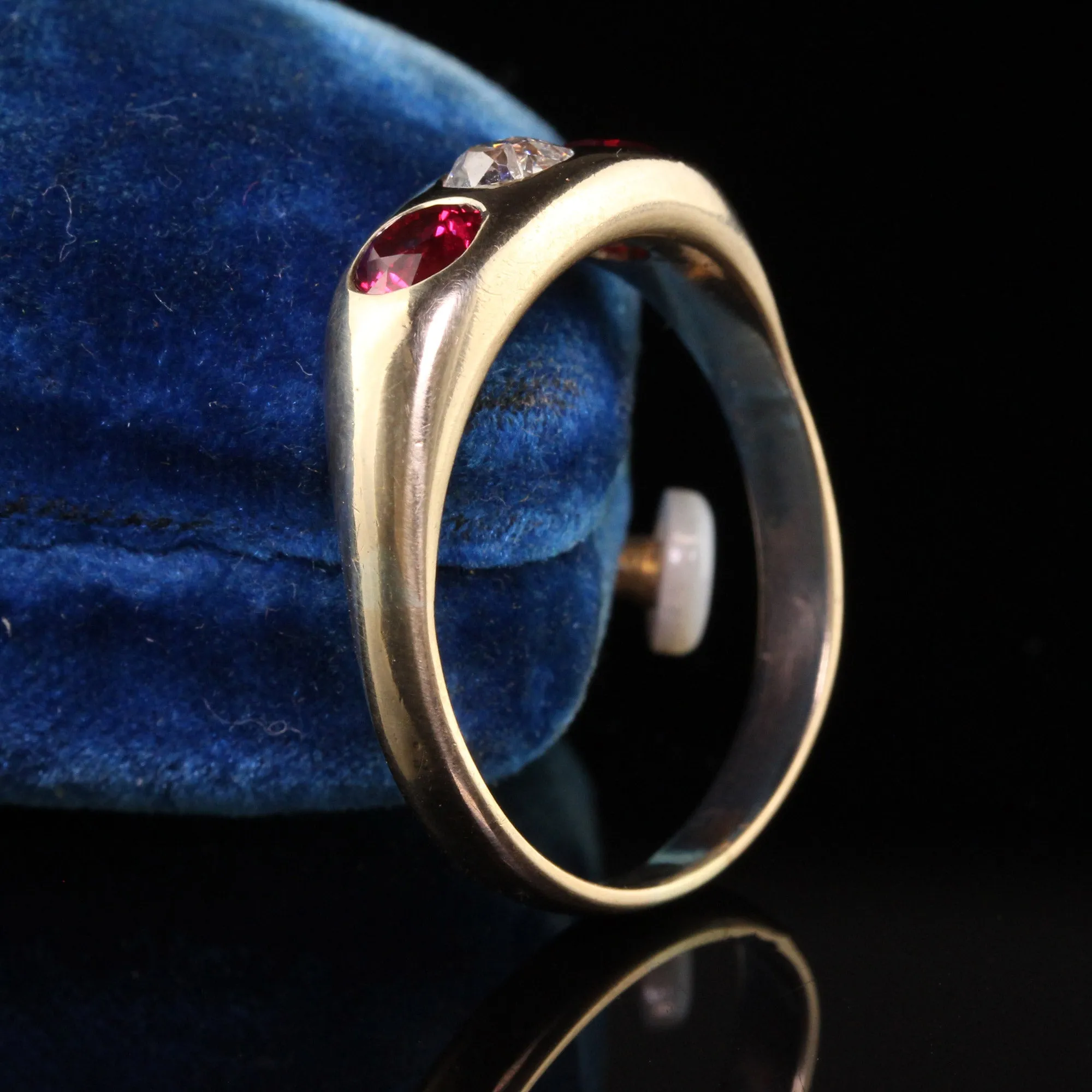 Antique Victorian 14K Yellow Gold Natural Ruby and Old Mine Diamond Three Stone Gypsy Ring