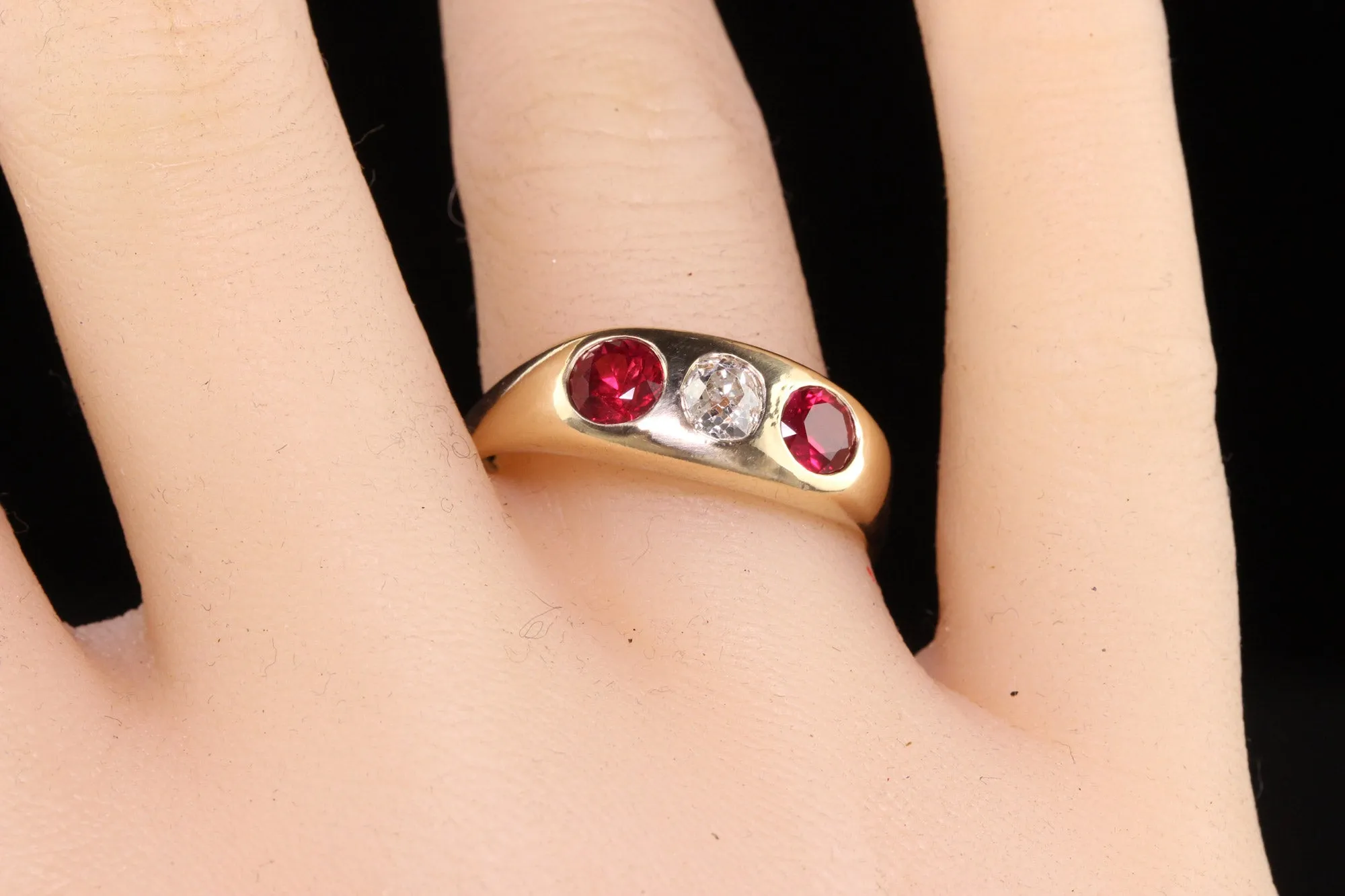 Antique Victorian 14K Yellow Gold Natural Ruby and Old Mine Diamond Three Stone Gypsy Ring