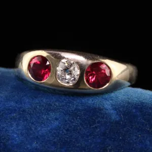 Antique Victorian 14K Yellow Gold Natural Ruby and Old Mine Diamond Three Stone Gypsy Ring