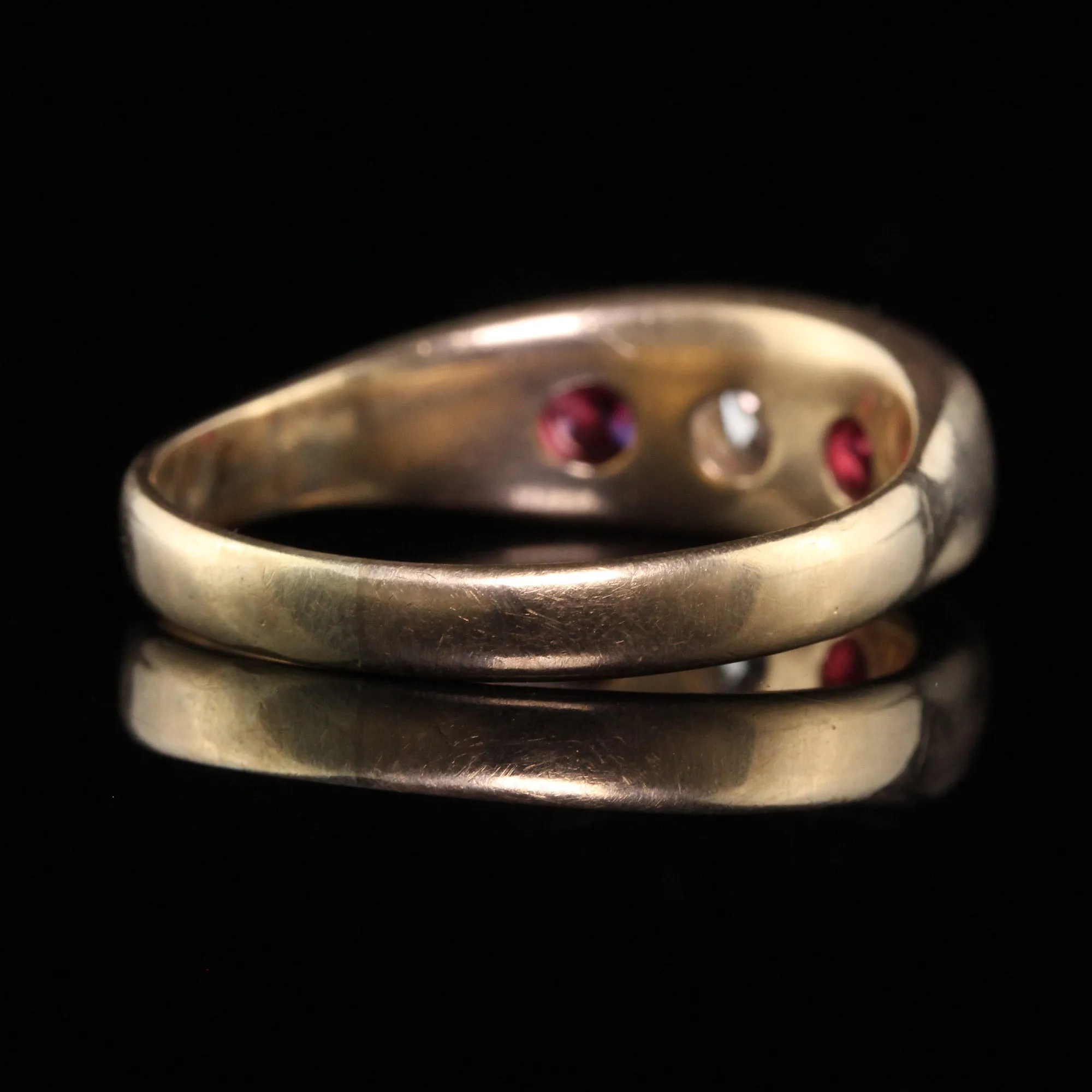 Antique Victorian 14K Yellow Gold Natural Ruby and Old Mine Diamond Three Stone Gypsy Ring