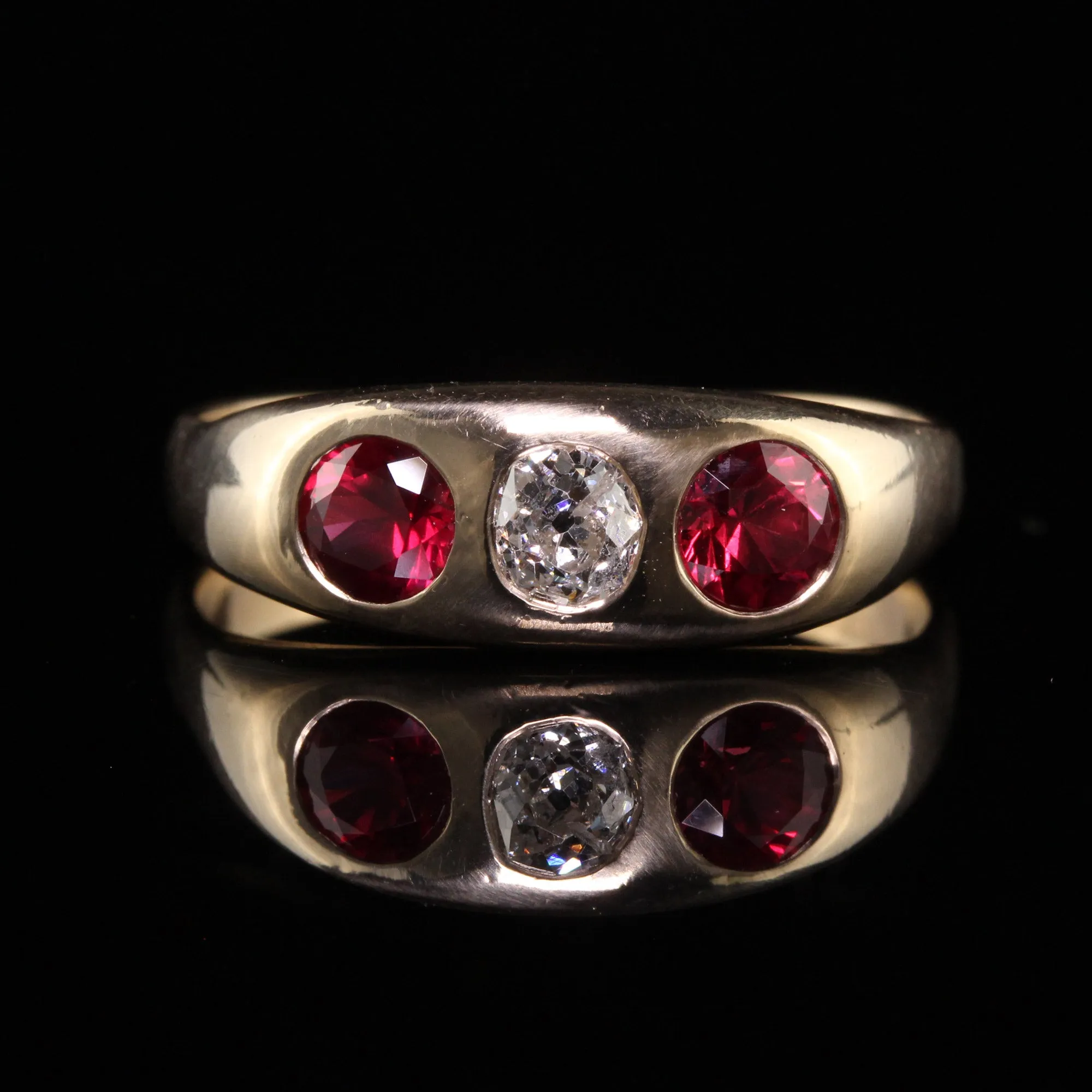Antique Victorian 14K Yellow Gold Natural Ruby and Old Mine Diamond Three Stone Gypsy Ring