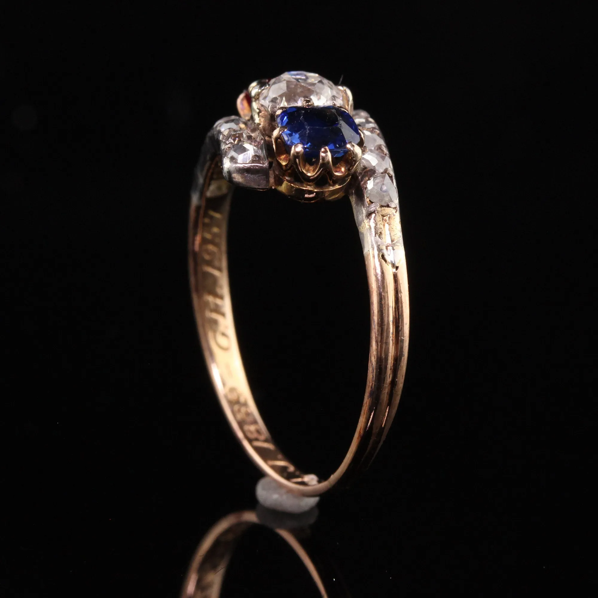 Antique Victorian 18K Yellow Gold Diamond Ruby Sapphire Three Stone Ring
