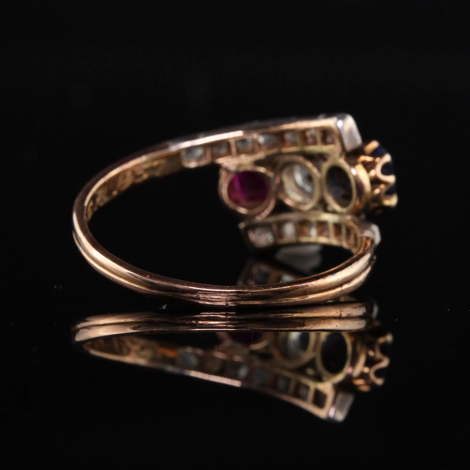 Antique Victorian 18K Yellow Gold Diamond Ruby Sapphire Three Stone Ring