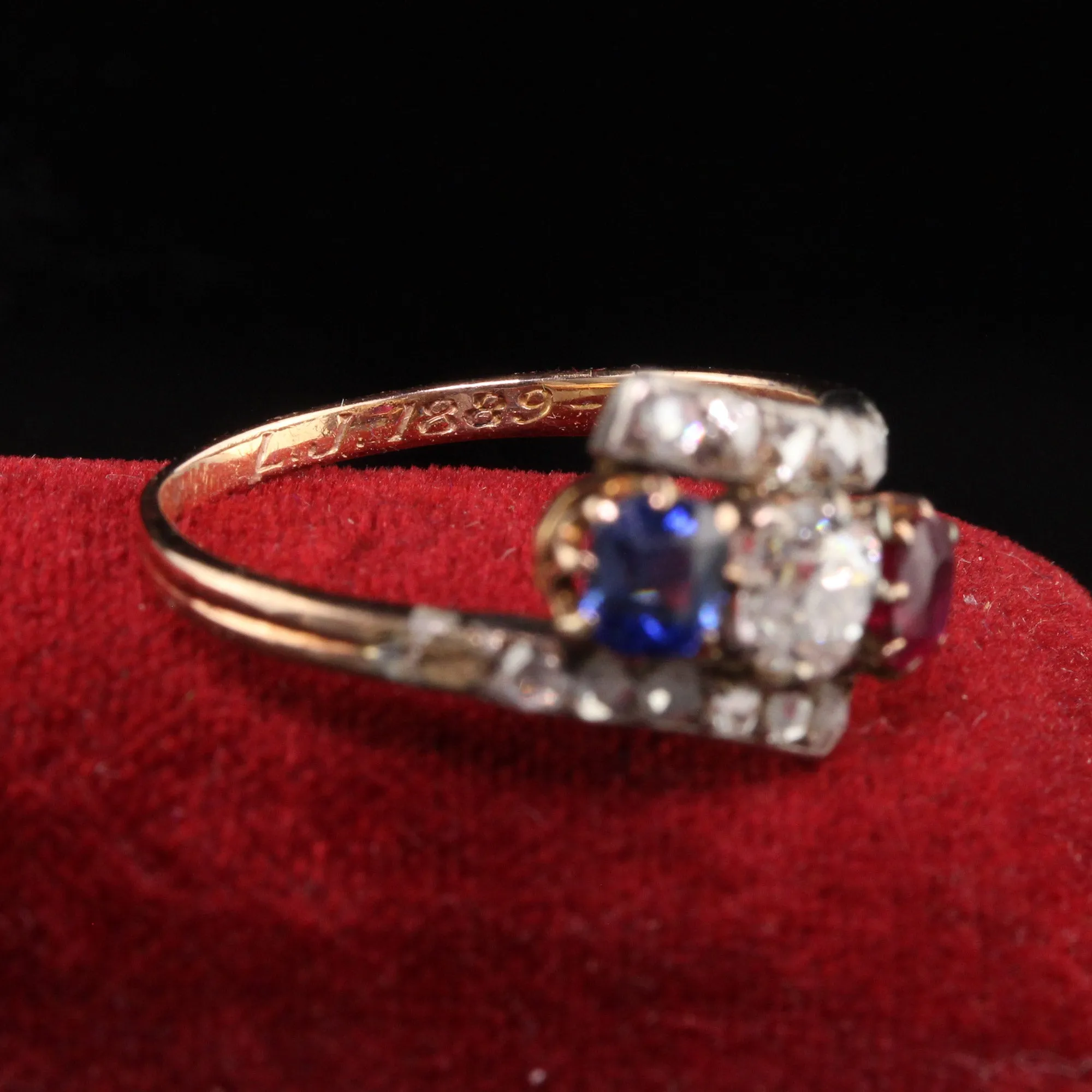 Antique Victorian 18K Yellow Gold Diamond Ruby Sapphire Three Stone Ring