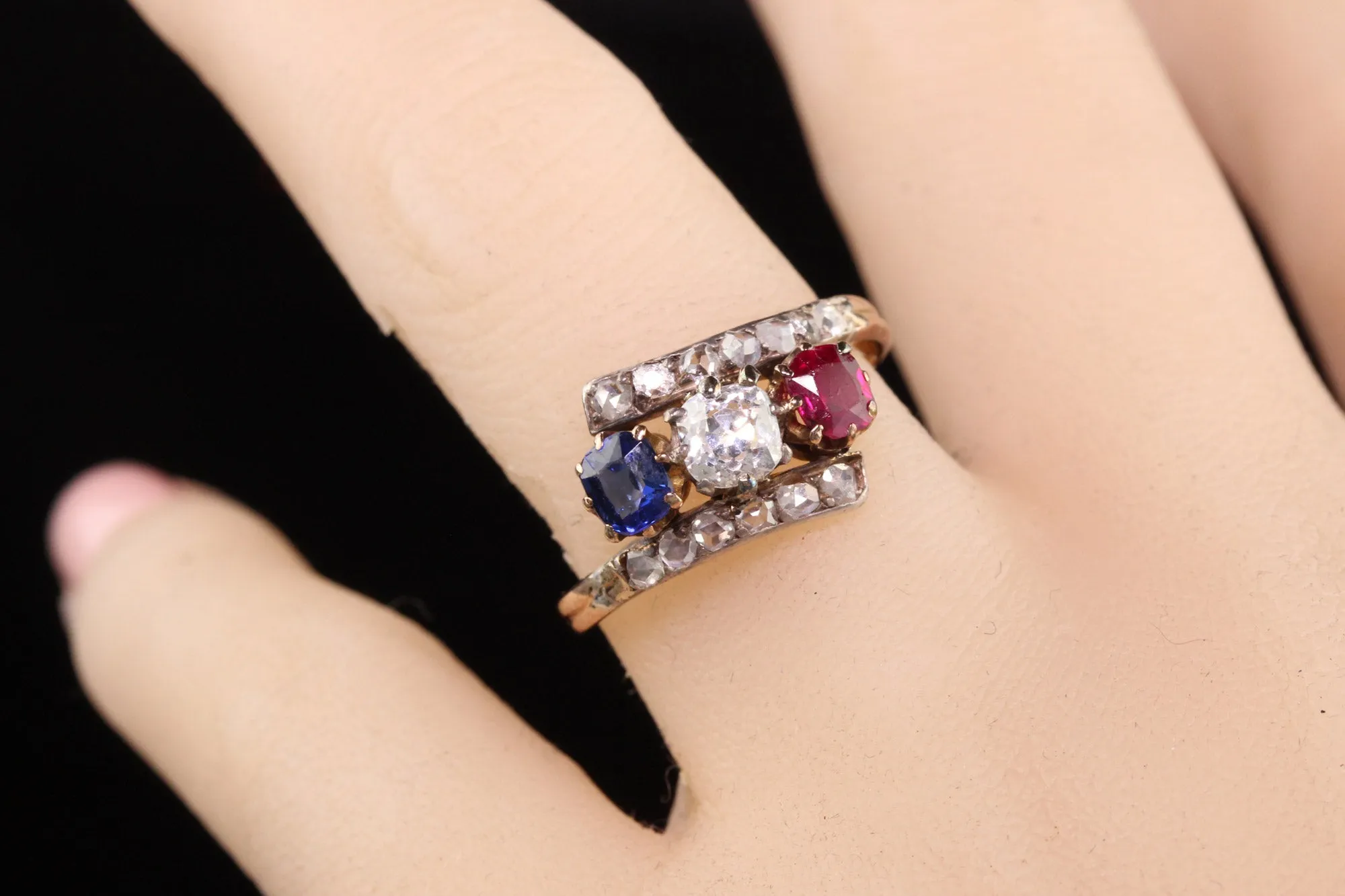 Antique Victorian 18K Yellow Gold Diamond Ruby Sapphire Three Stone Ring