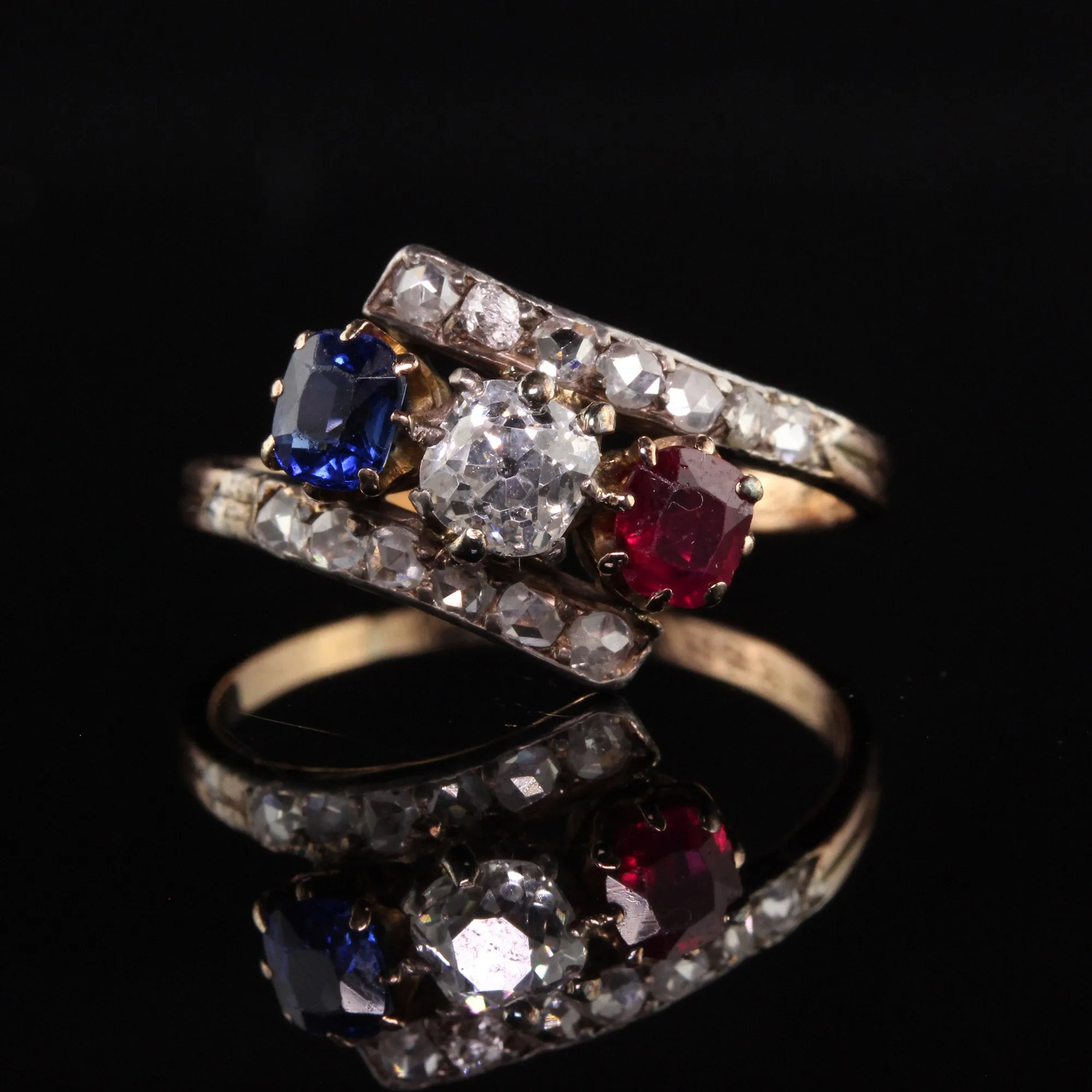Antique Victorian 18K Yellow Gold Diamond Ruby Sapphire Three Stone Ring