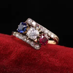 Antique Victorian 18K Yellow Gold Diamond Ruby Sapphire Three Stone Ring