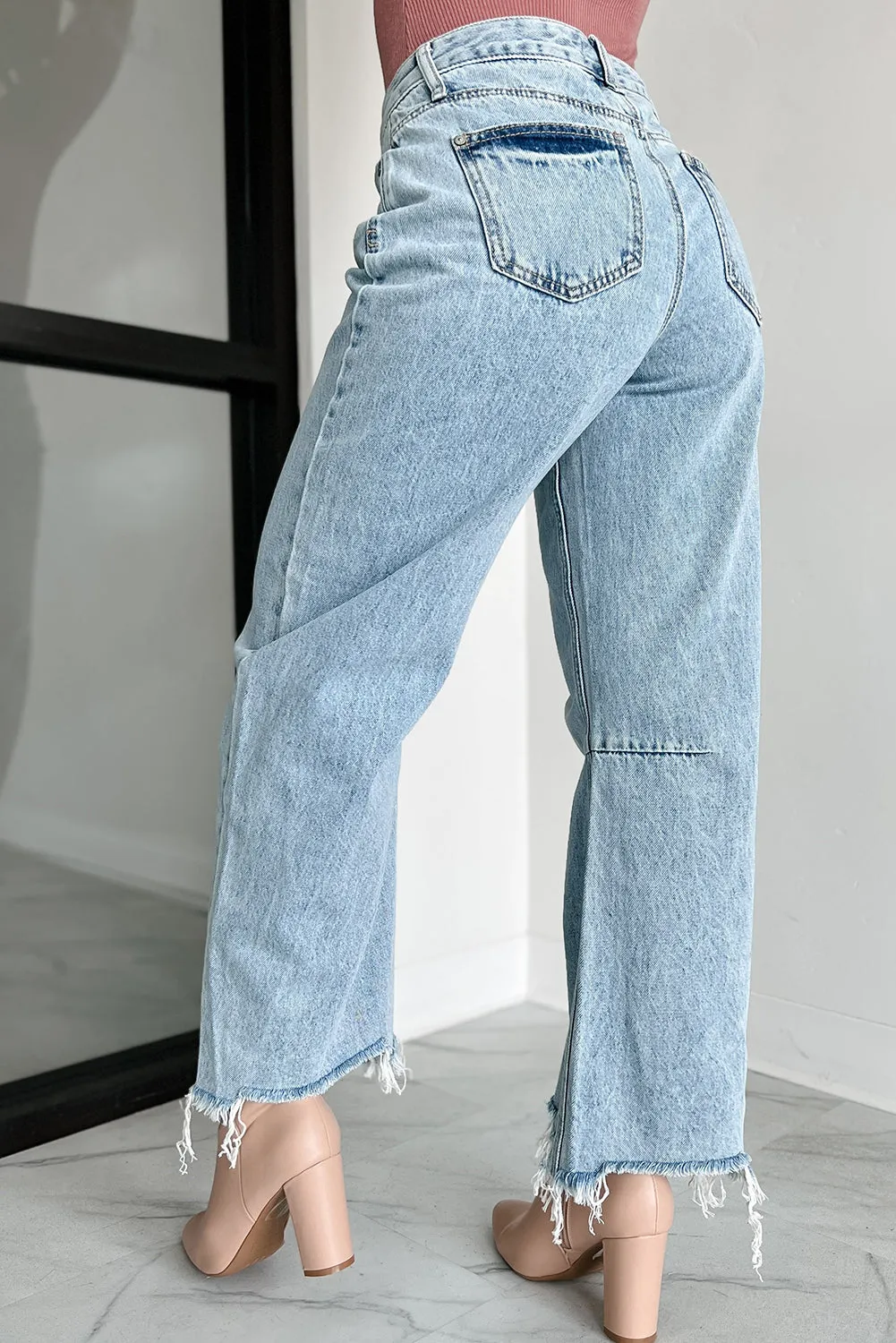Beau Blue High Rise Distressed Hem Barrel Jeans