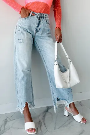 Beau Blue High Rise Distressed Hem Barrel Jeans