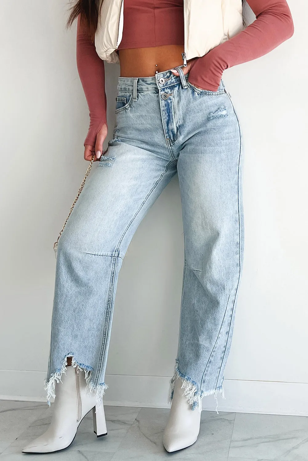 Beau Blue High Rise Distressed Hem Barrel Jeans