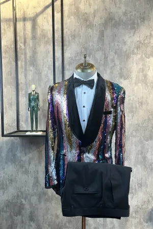 Best-Selling 2 Piece Shawl Lapel Single-Breasted Sequin Casual Suit