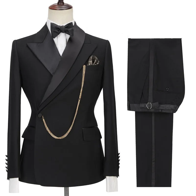 Black Peaked Lapel Designer Slim Fit Formal Men's Business Suitss