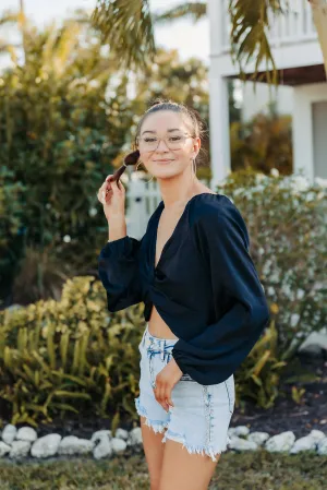 Black Satin Twist Front L/S Top