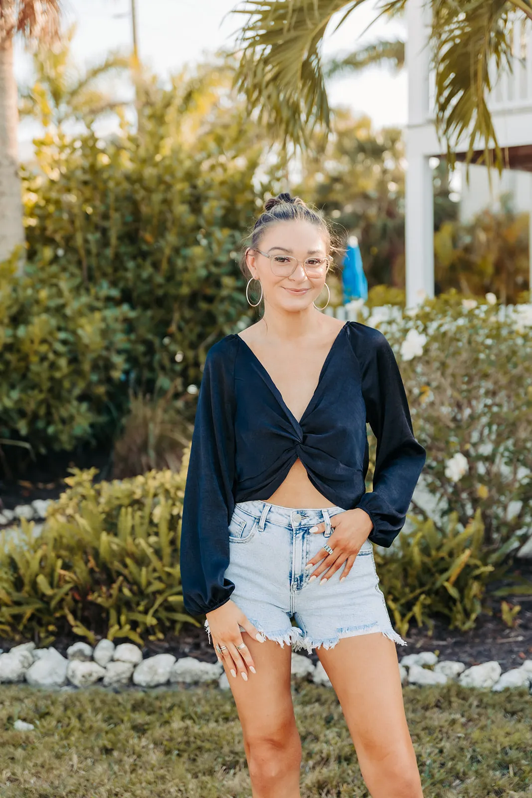 Black Satin Twist Front L/S Top