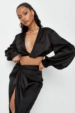 Black Twist And Front Satin Crop Top