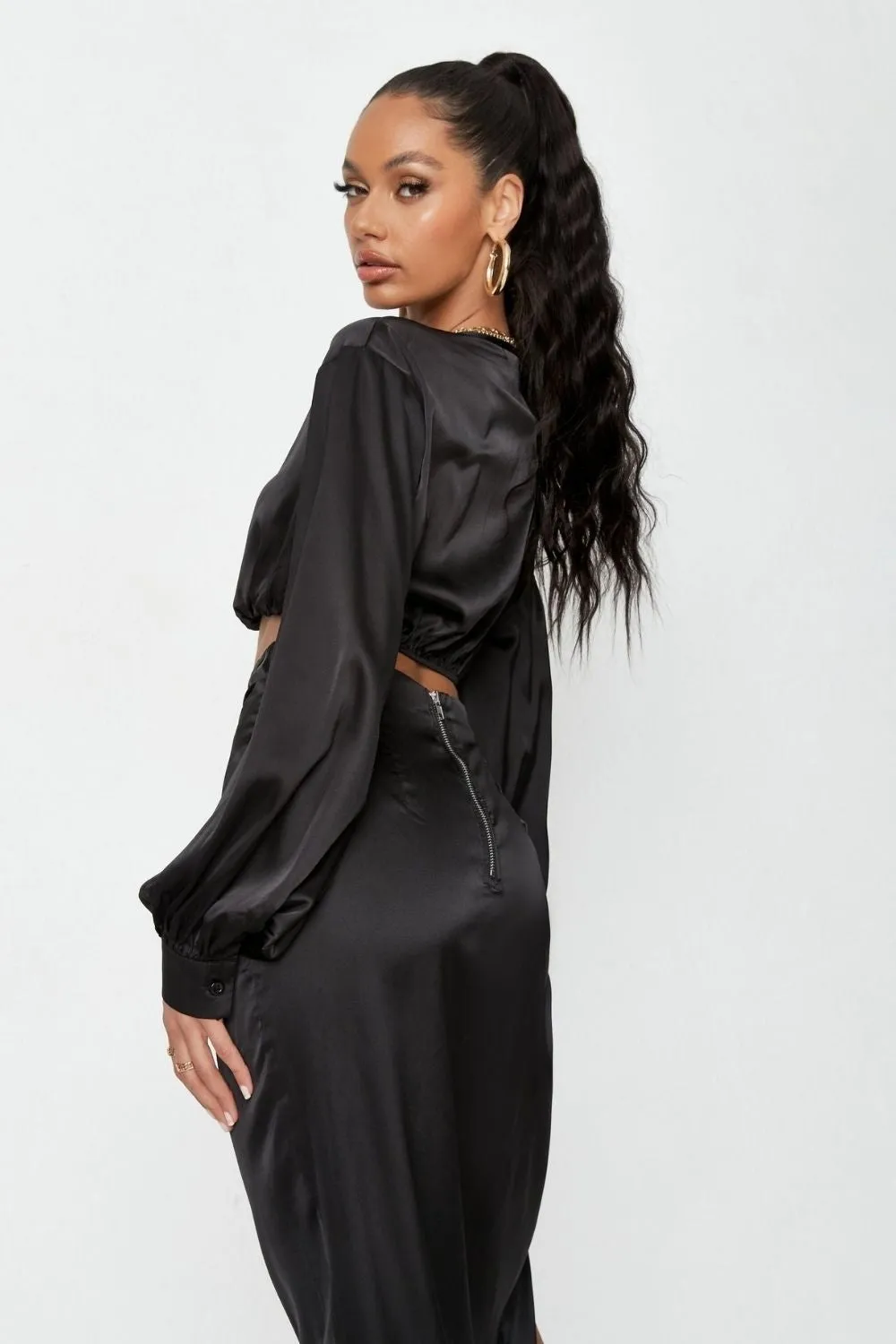 Black Twist And Front Satin Crop Top